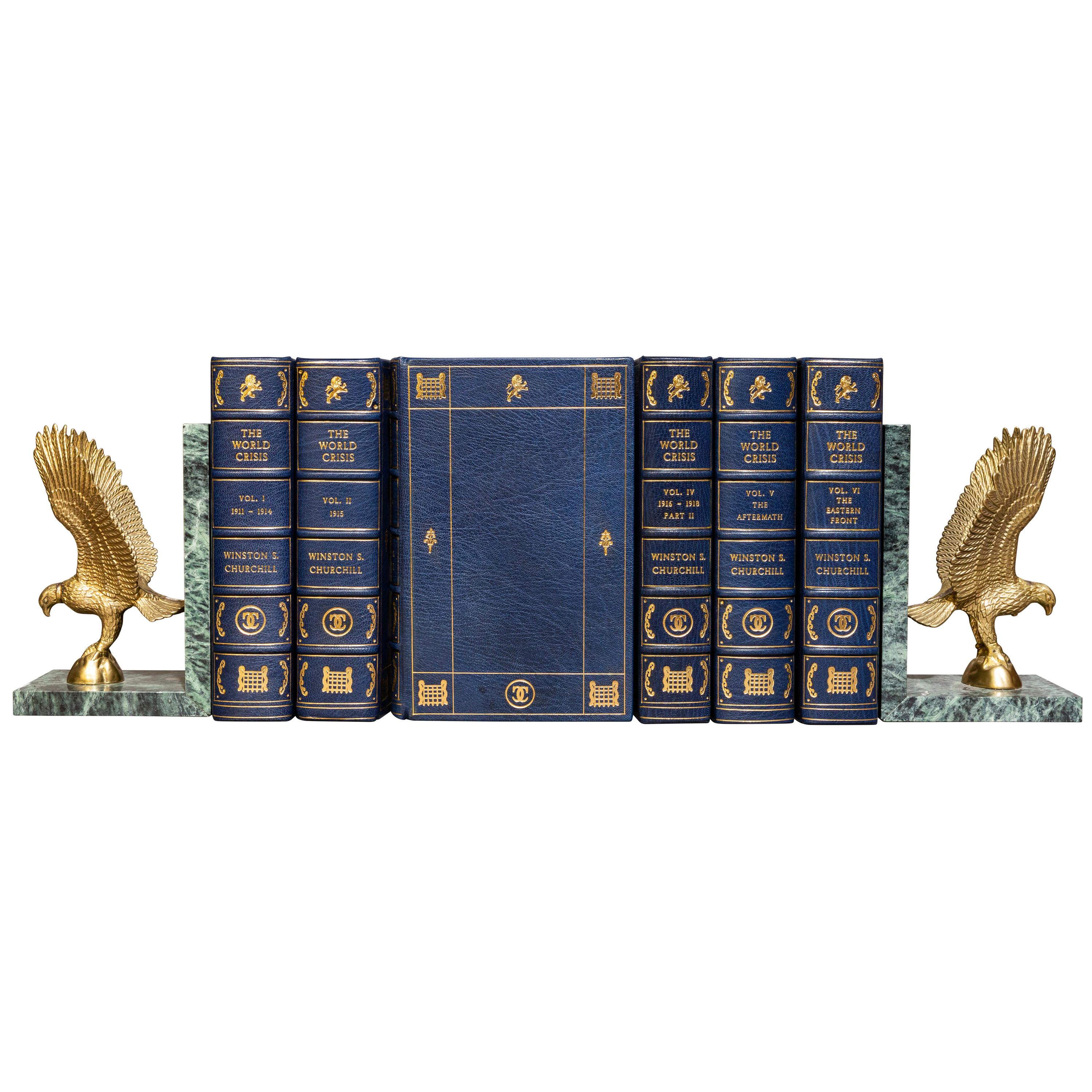 6 Volumes. Sir Winston S. Churchill. The World Crisis. Rebound in full blue morocco, all edges gilt, raised bands, ornate gilt on spines and covers, illustrated. Published: London: Thornton Butterworth Ltd.
1923-1931. First Editions.