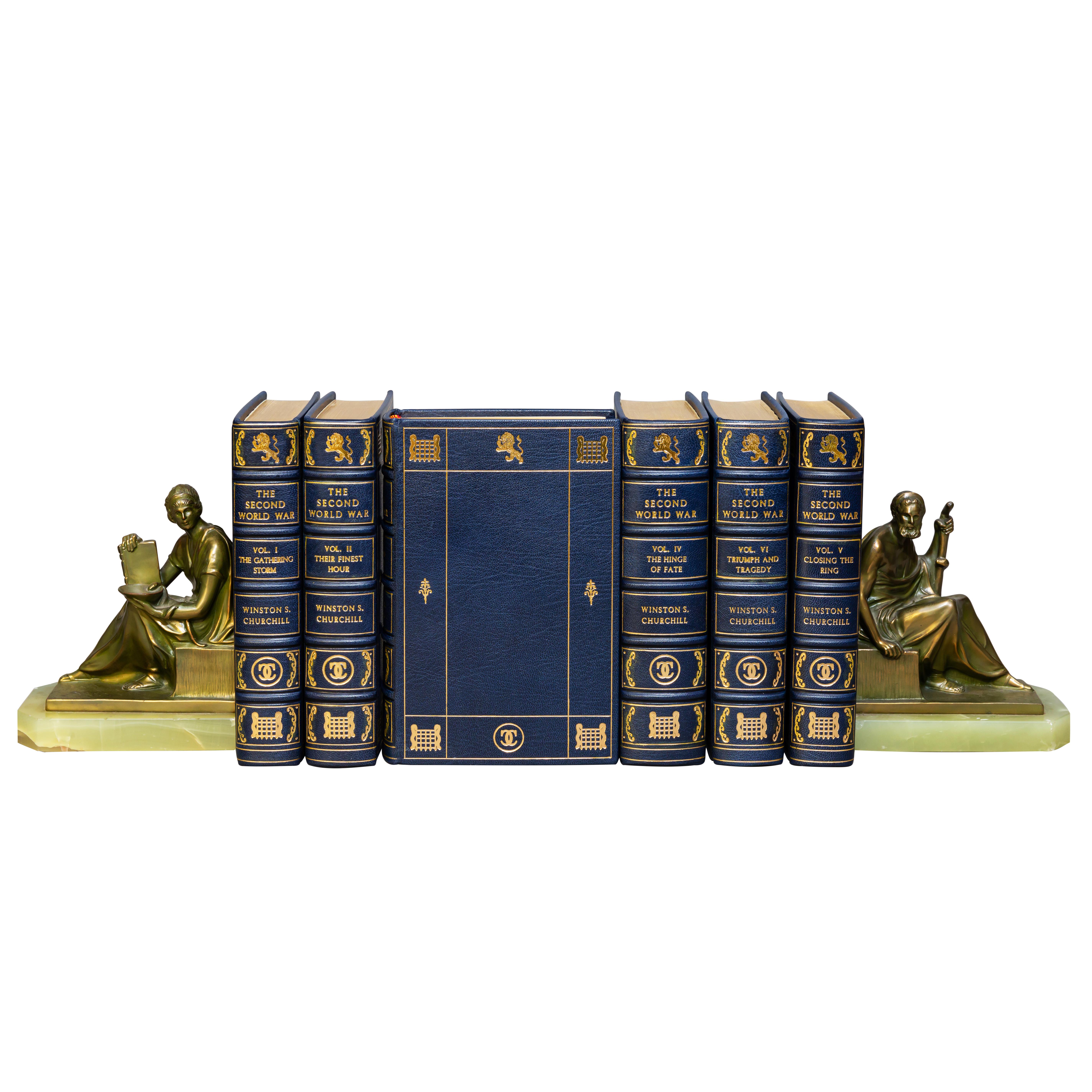 6 Volumes. Sir Winston S.Churchill. Second World War. Rebound in full blue morocco, all edges gilt,
Raised bands, ornate gilt on covers and spines, marbled endpapers, Illustrated. Published:
London: Cassell & Co. 1948-54. First Editions. Handsome