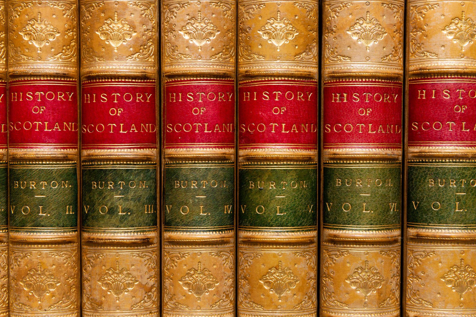 7 Volumes. John Hill Burton. The History of Scotland. From Agricola's Invasion To The Revolution of 1688. Bound in full tan calf. Marbled edges, marbled endpapers, raised bands, gilt on spines. Red and green labels. 
Published: Edinburgh & London: