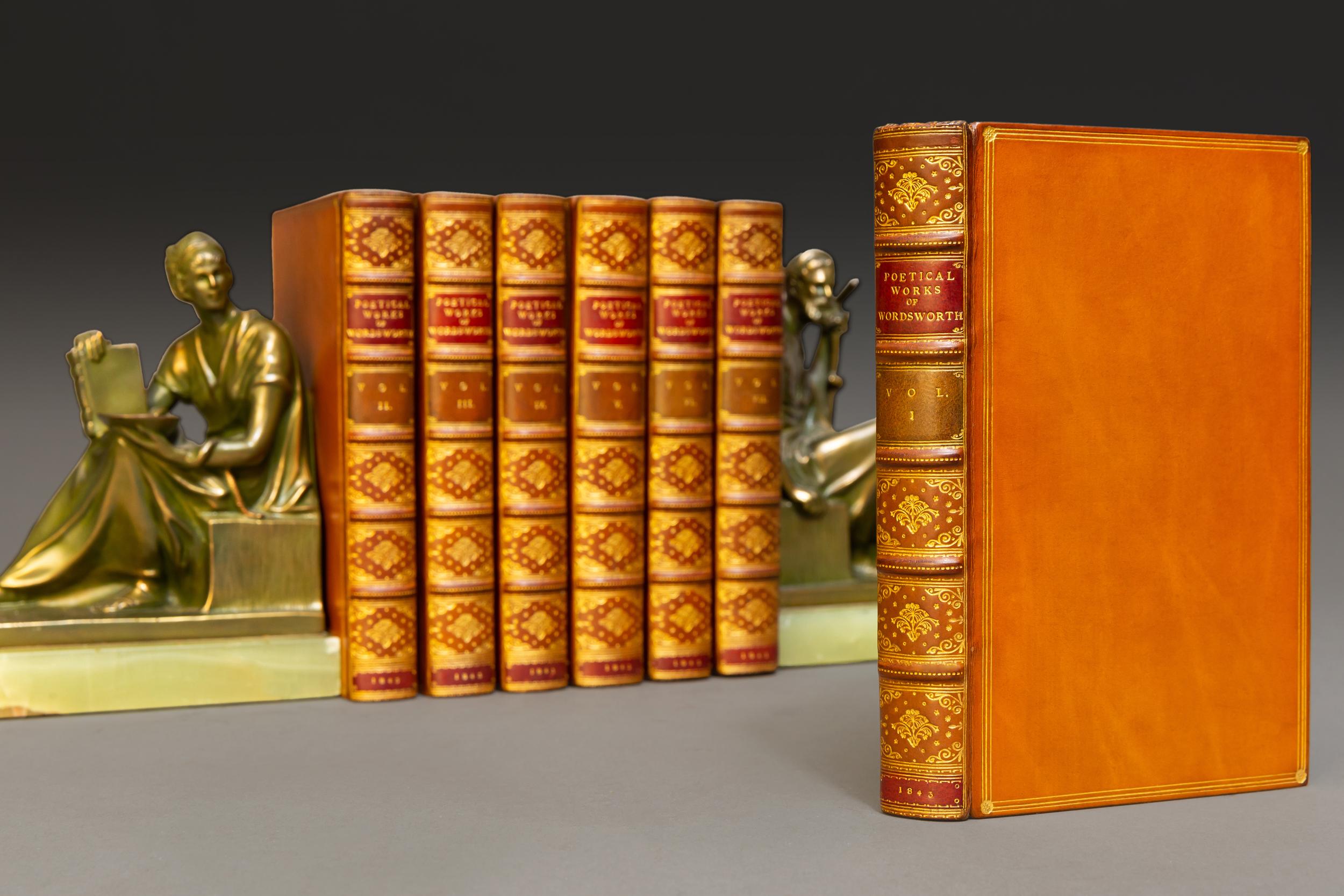 7 Volumes. William Wordsworth. The Poetical Works. Portrait frontispiece. Bound in full tan calf by Morrell. Top edges gilt, raised bands, gilt on spines & covers, green and red labels. 
Published: London: Edward Moxon, 1843.