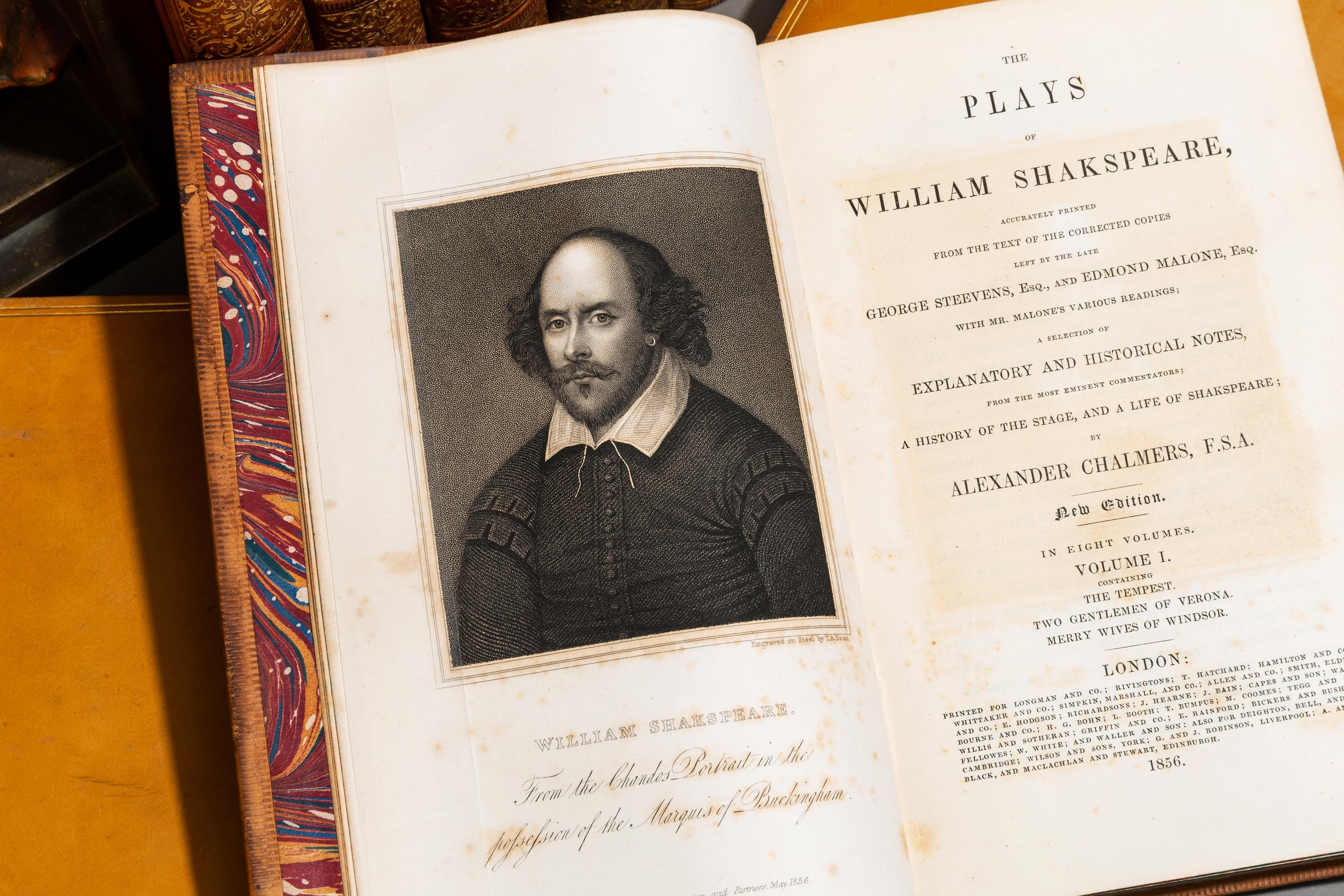 8 Volumes. William Shakespeare. The Complete Works. With A History Of The Stage & A Life of Shakespeare by Alexander Chambers. Bound in Full tan calf, marbled endpapers, raised bands, gilt panels. Published: London: Longman & Co. 1856.