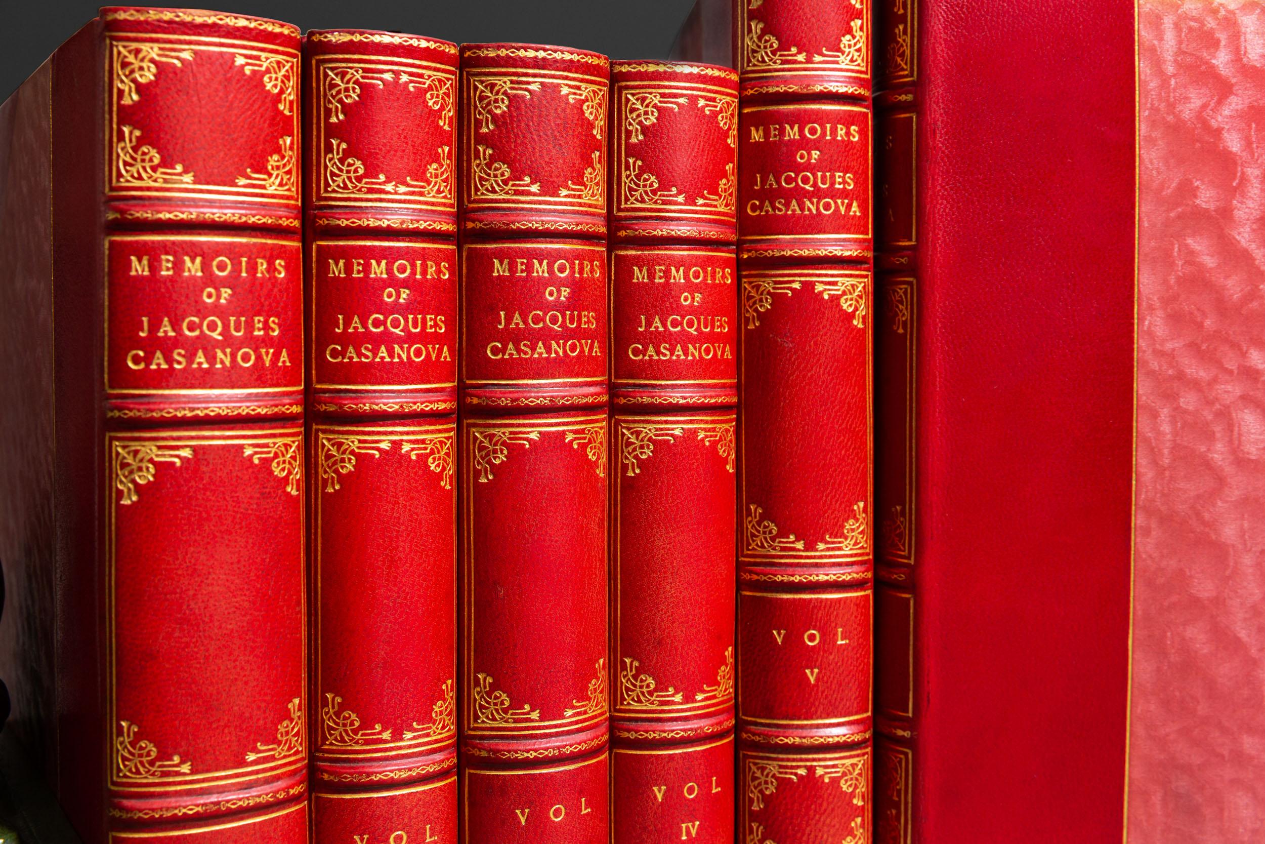 12 Volumes. Jacques Casanova. The Memoirs of Jacques Casanova. An Autobiography. Translated By
Arthur Machen With An Appreciation by Havelock Ellis. Bound in 3/4 Red Morocco, raised bands, gilt panels,
top edges gilt, limited to 550 sets of an