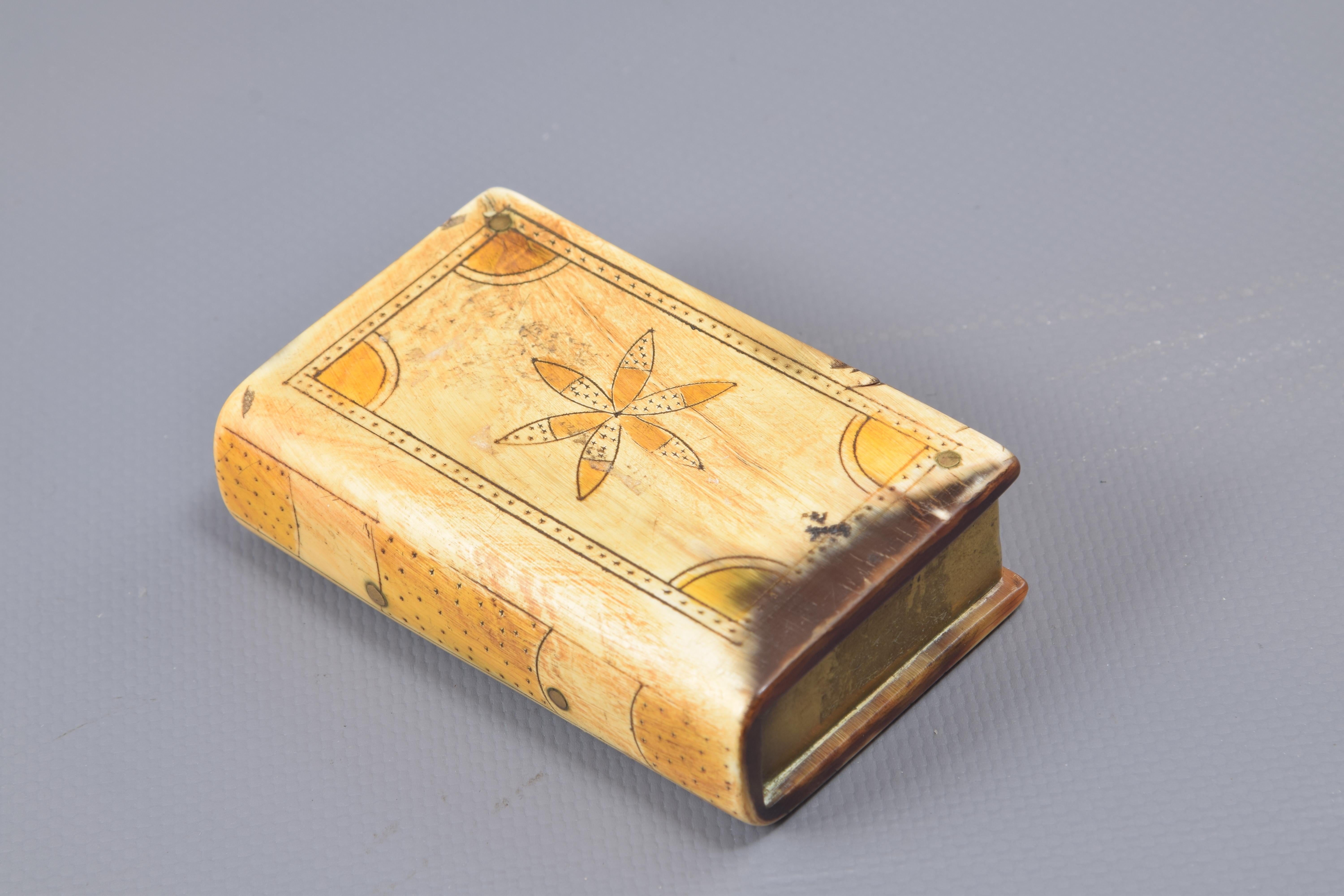 Néo-classique Boîte en forme de livre, corne ou bois de cervidé, métal, XIXe siècle en vente