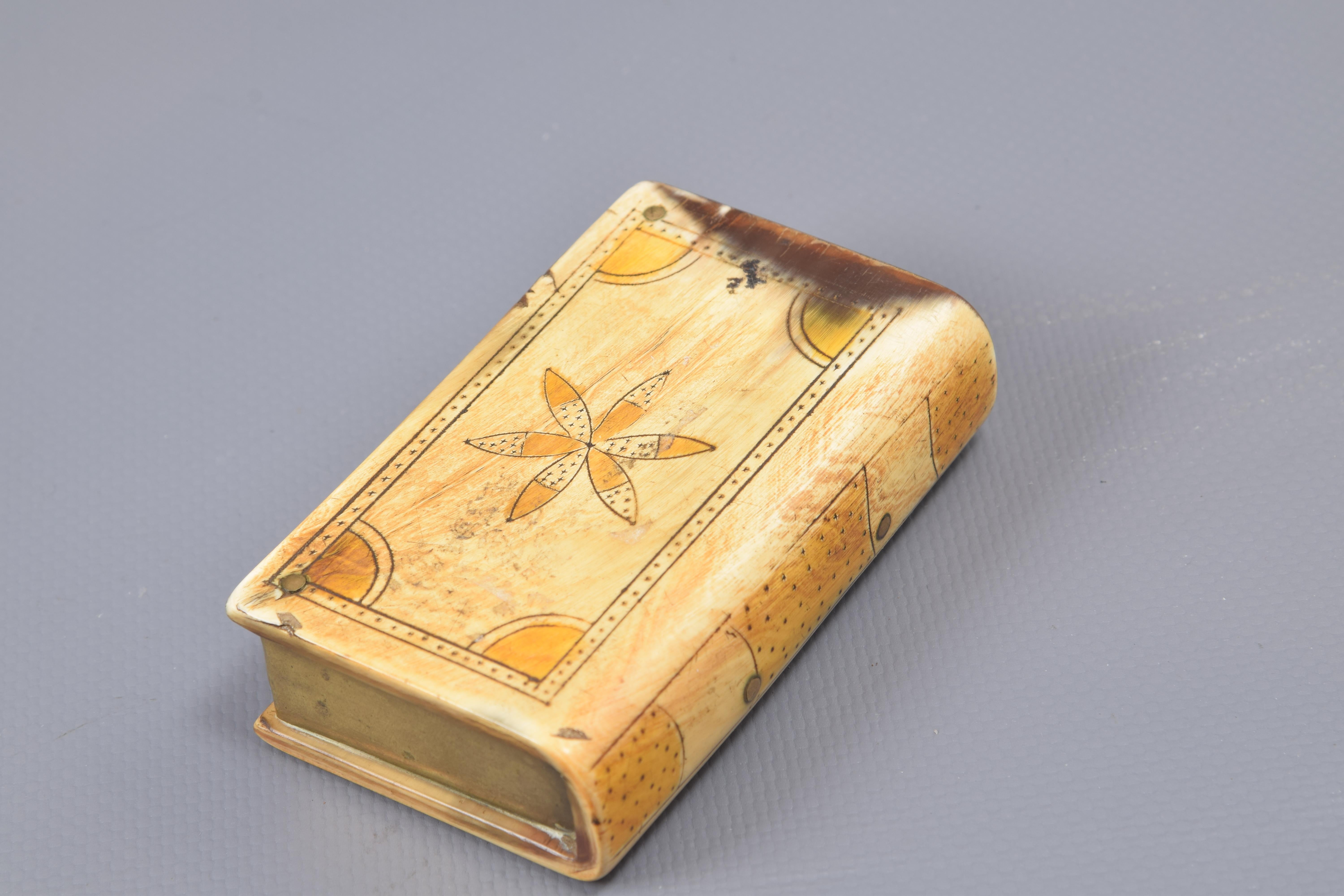 Européen Boîte en forme de livre, corne ou bois de cervidé, métal, XIXe siècle en vente