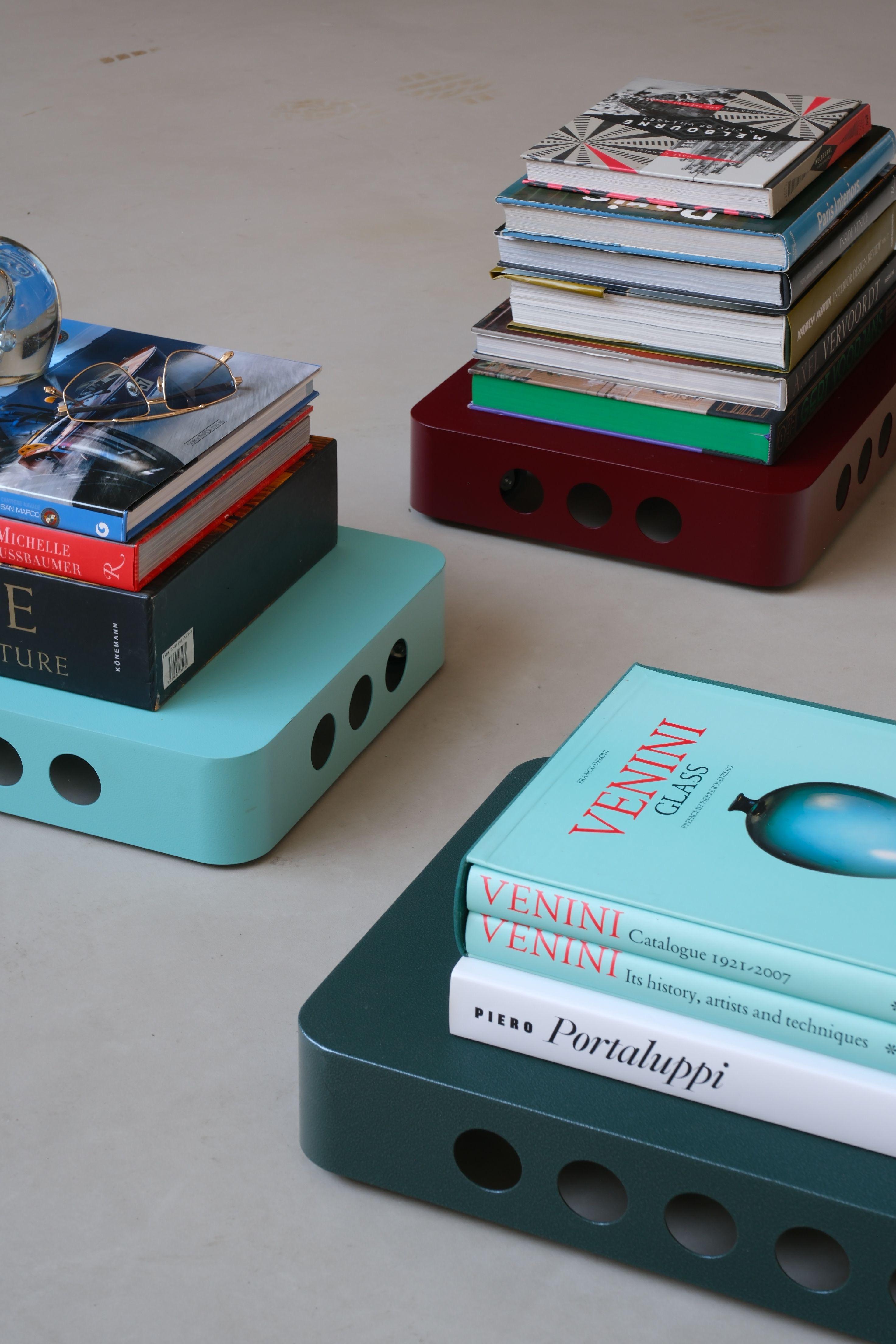 Artisanal ''Bookboard''- side table by Spinzi, bookshelf with wheels, bright red For Sale 7