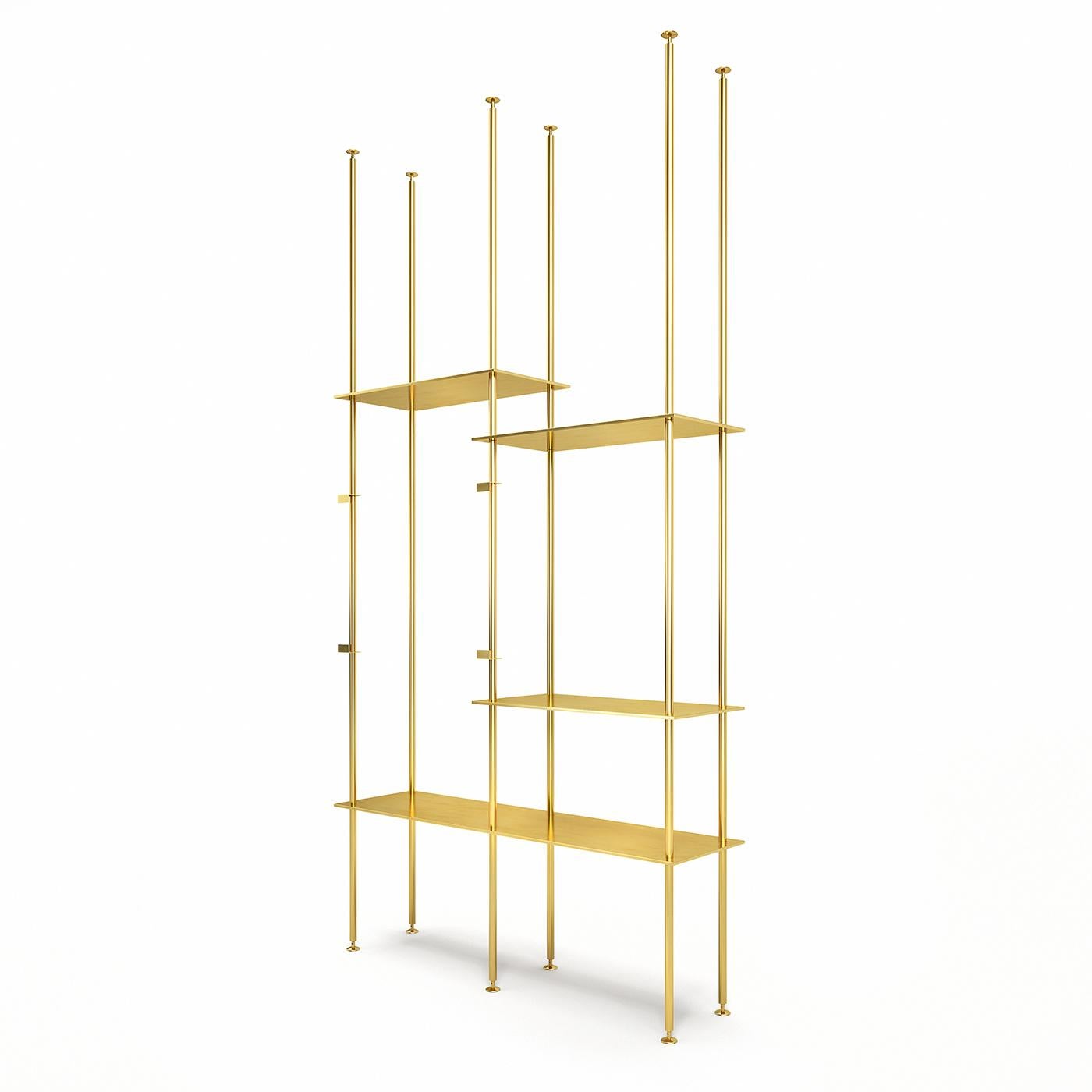 Lightweight and luminous best define the character of this floor-to-ceiling bookcase in polished brass, whose asymmetrical design has no visible joints. The final height of the design will be determined by the height of the room where it will be