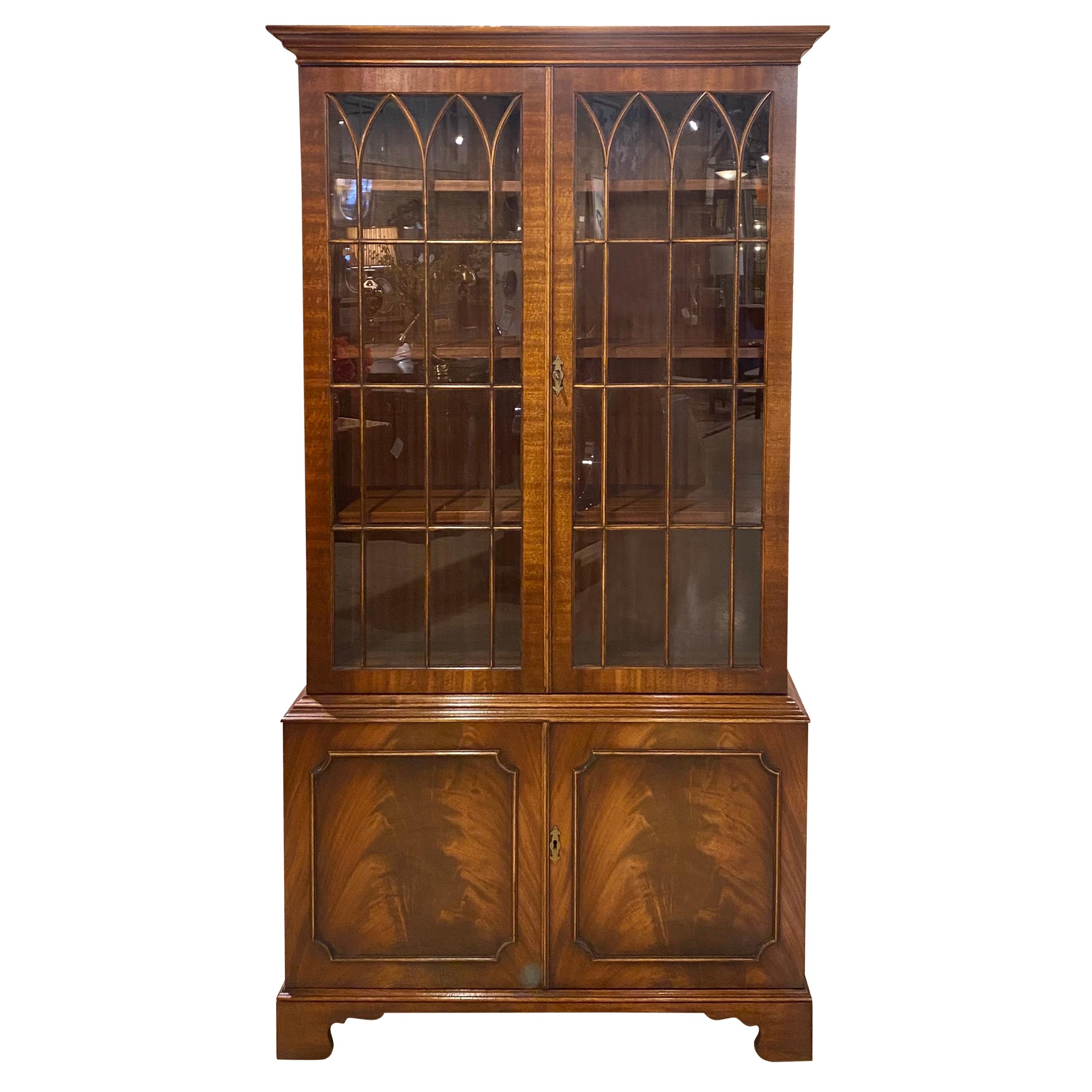 Bookcase 18th Century Style Mahogany English, Hand Glazed Doors