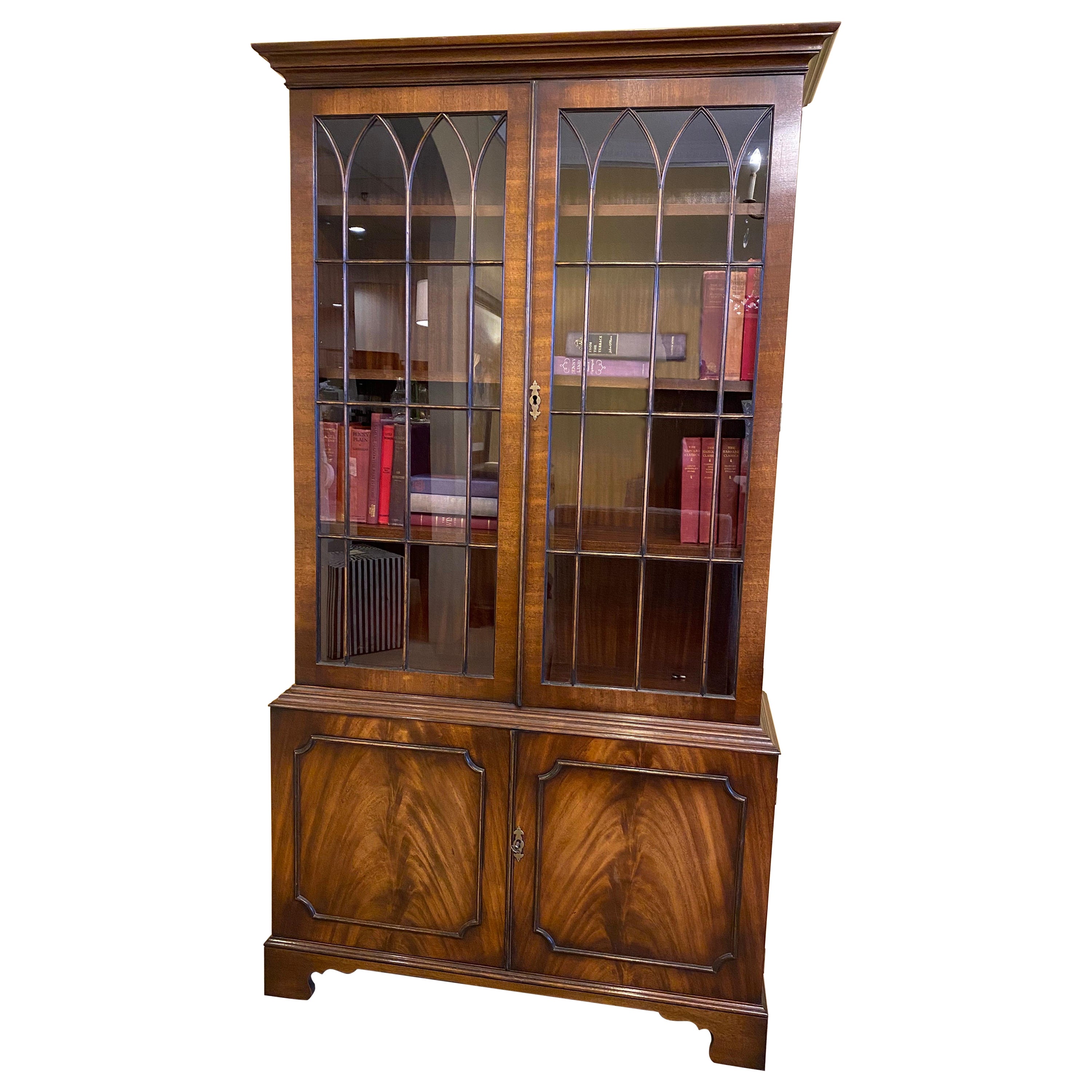 Bookcase 18th Century Style Mahogany English, Hand Glazed Doors