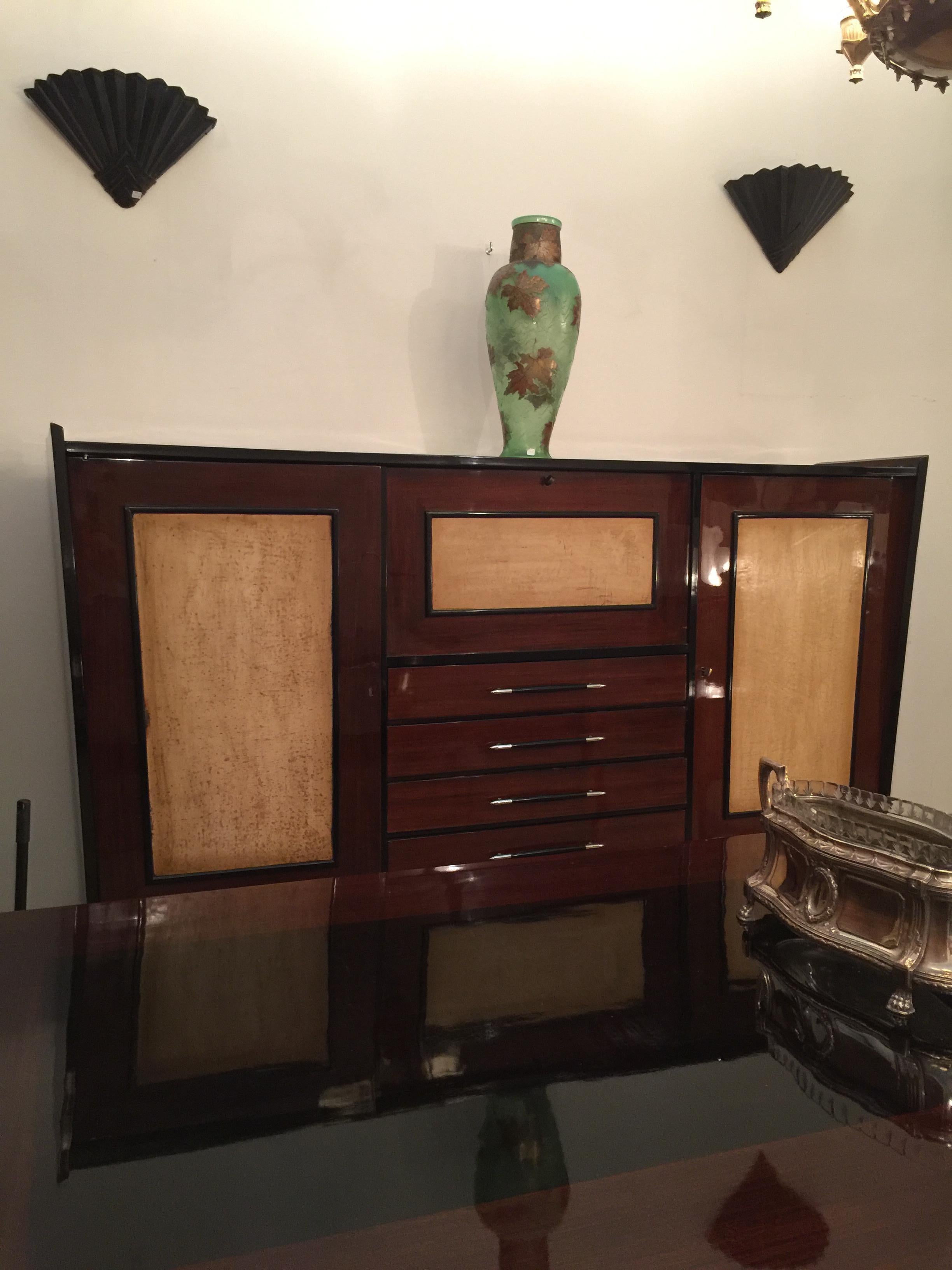 French Bookcase and bar, 1960, italian , Material: Wood and (parchment leather) For Sale
