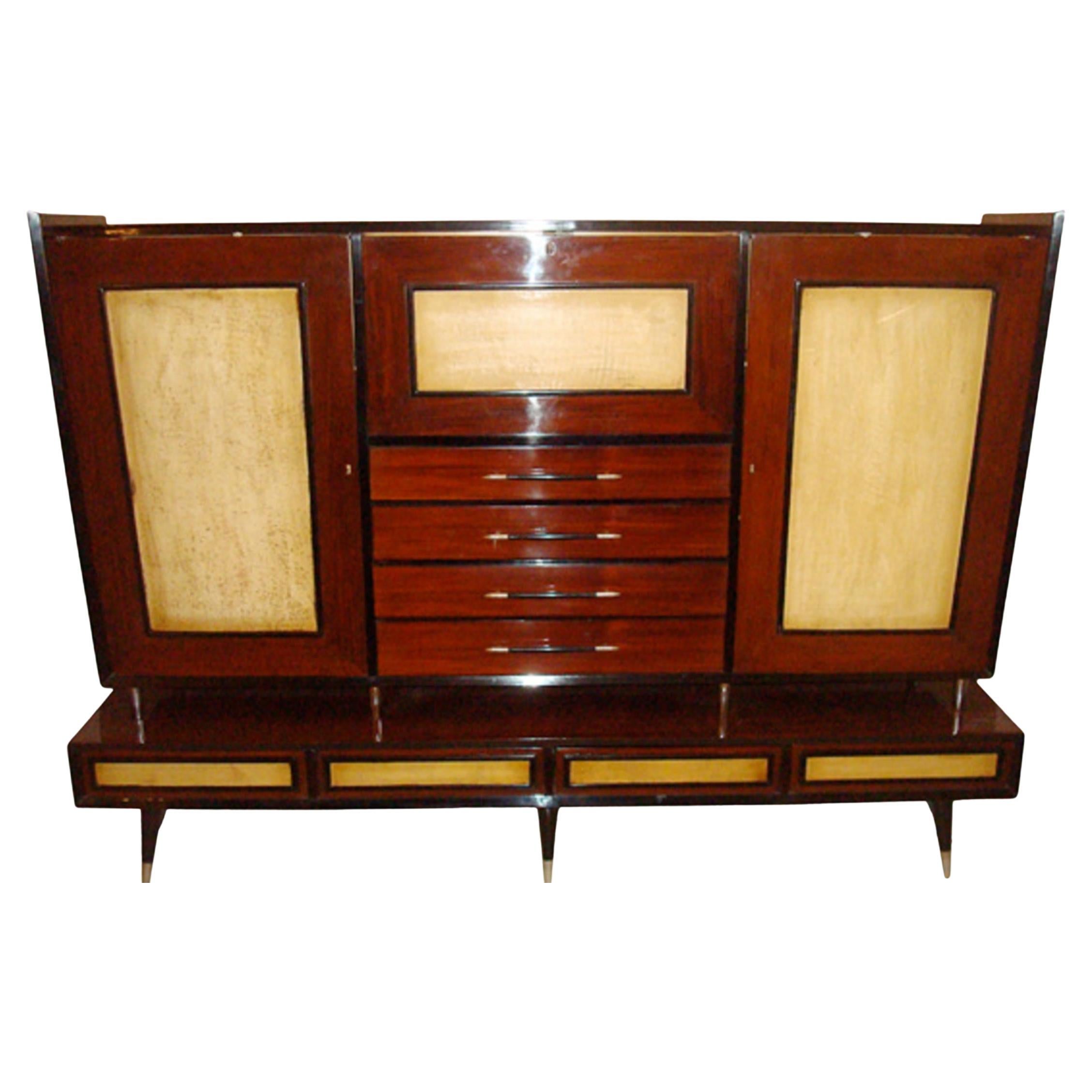 Bookcase and bar, 1960, italian , Material: Wood and (parchment leather) For Sale