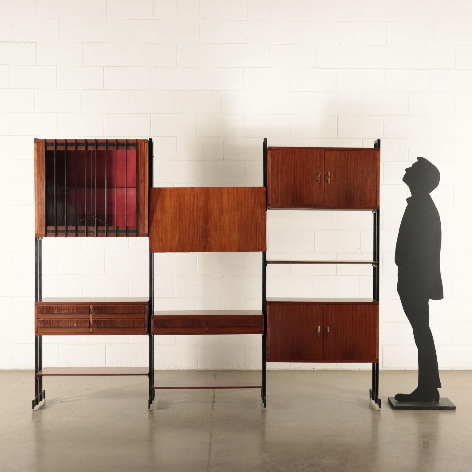 Bookcase cabinet, elements with adjustable position, mahogany veneer, metal uprights.