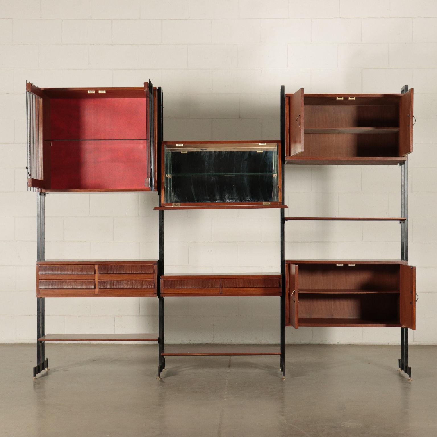 Mid-Century Modern Bookcase Cabinet Mahogany Veneer Metal, Italy, 1950s-1960s