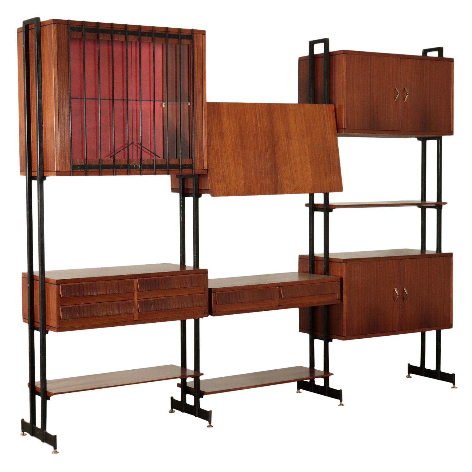Bookcase Cabinet Mahogany Veneer Metal, Italy, 1950s-1960s
