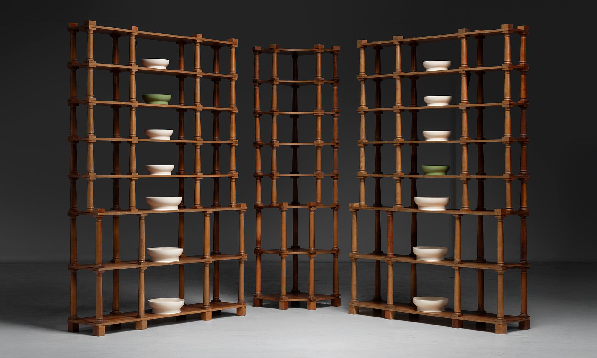 France, 1970
mahogany shelving unit made from mahogany with column banisters.
59.25”w x 14”d x 88”h 
Ref. CFRN1378