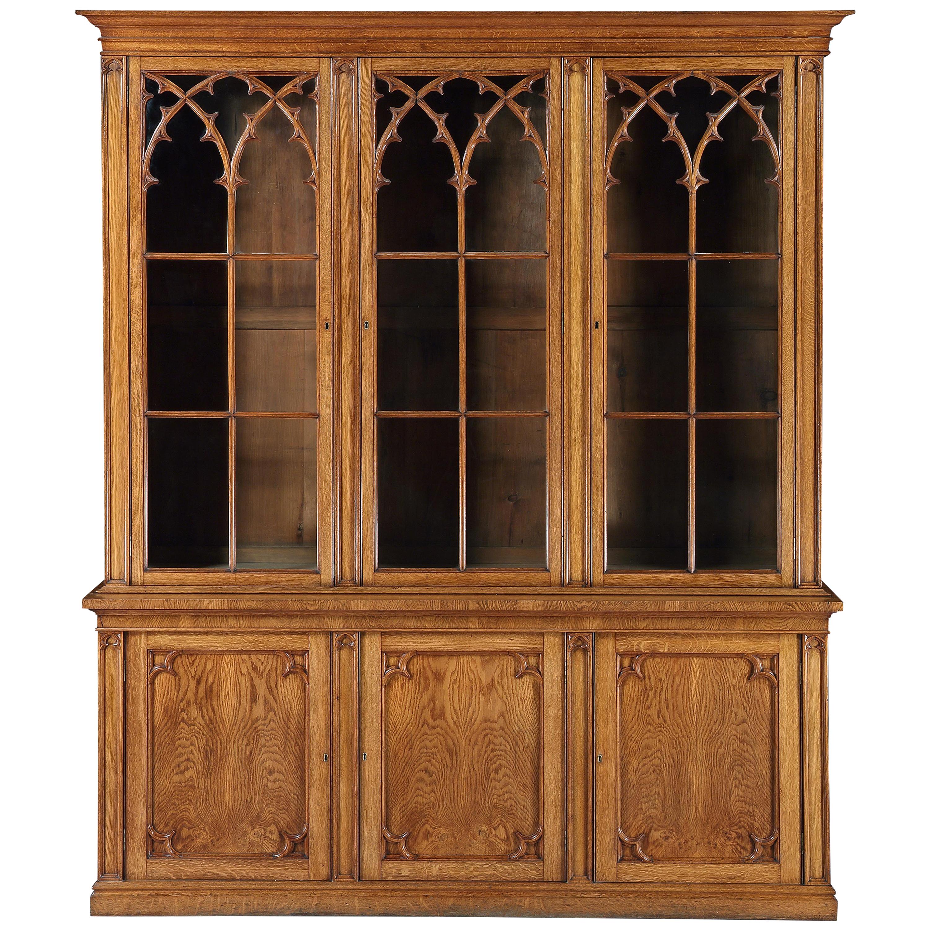 Bookcase, Glazed, Free-standing, Full-height, Gothic, Oak  H271cm 107" L226cm89" For Sale
