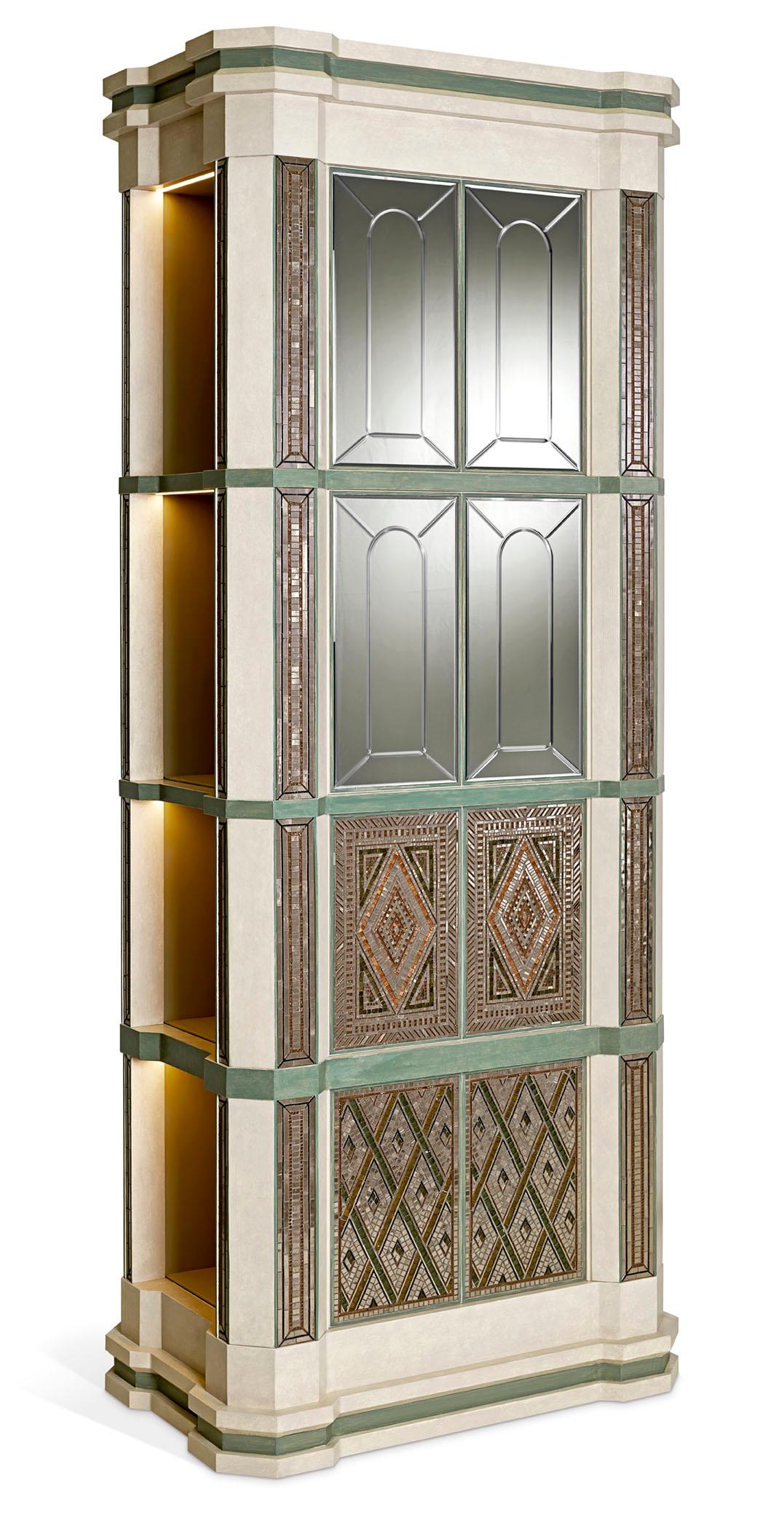 Mosaïque Bibliothèques Boutons décorés à la main en laiton bronzé Tapis rembourrés Ouverture intérieure Led en vente