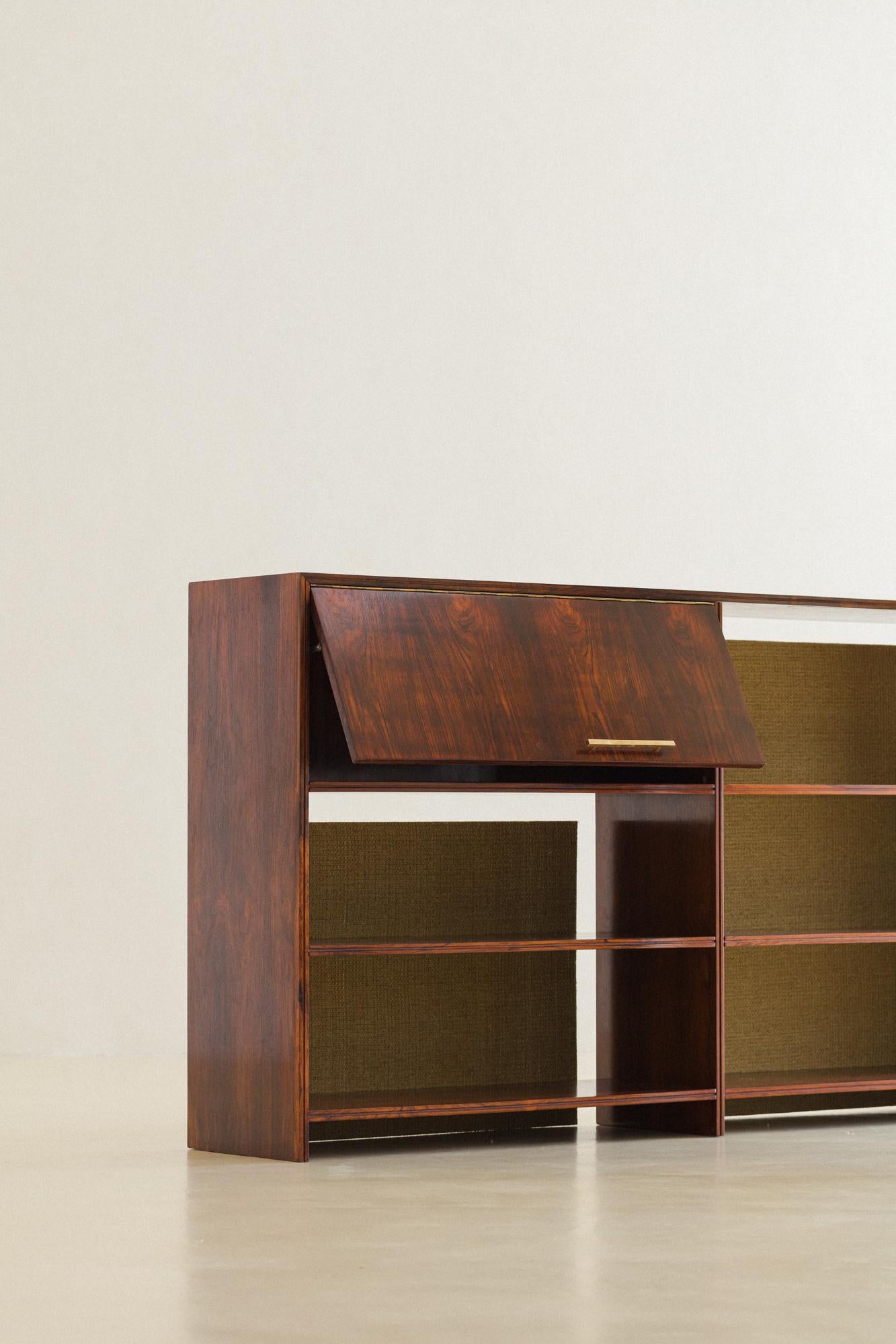 Hardwood Bookcase in Brazilian Imbuia and Cane by Móveis Cimo, 1960s, Mid-Century Design For Sale