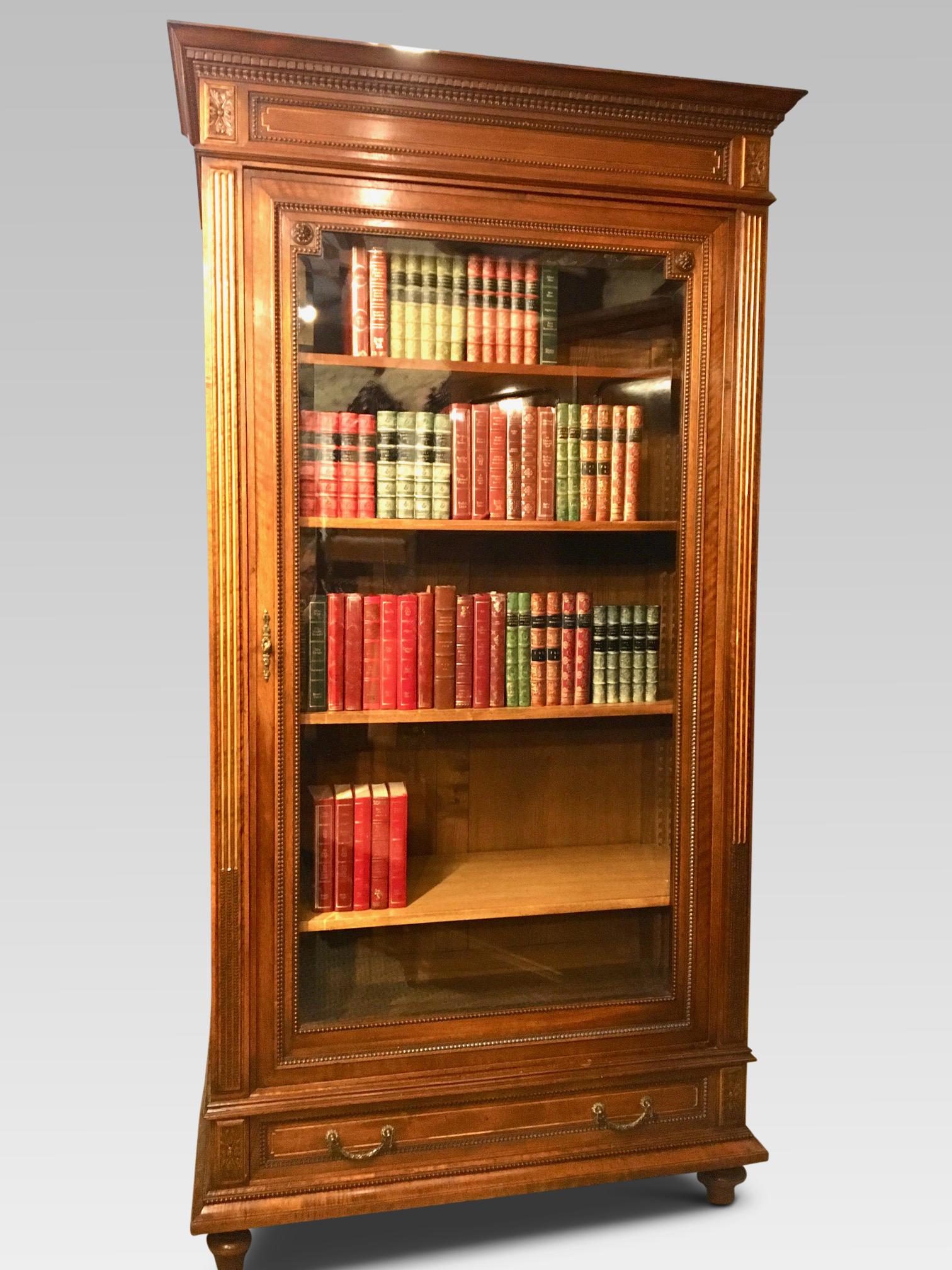 We are pleased to offer for sale this elegant late 19th century French walnut bookcase.
Constructed in solid Walnut in the late 1800s, this delightful bookcase is a work of considerable
craftsmanship. The door has its original bevelled glass, behind