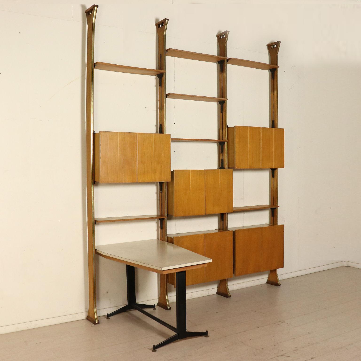 Bookcase Oak and Formica Veneer Brass Metal Vintage Italy, 1960s 13