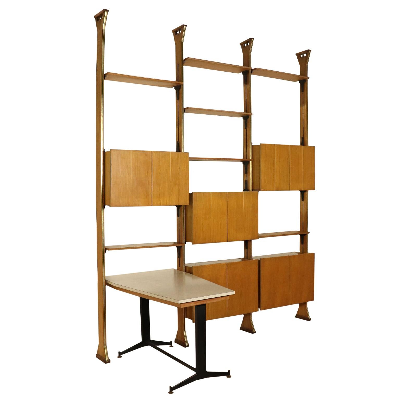 Bookcase Oak and Formica Veneer Brass Metal Vintage Italy, 1960s