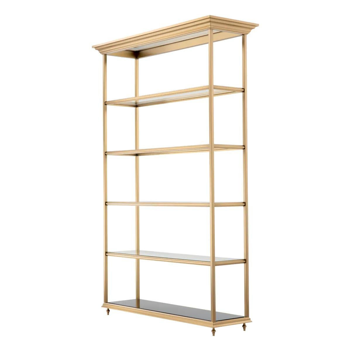 Moderne Bibliothèque, étagère en laiton brossé et verre transparent, œuvre contemporaine. en vente