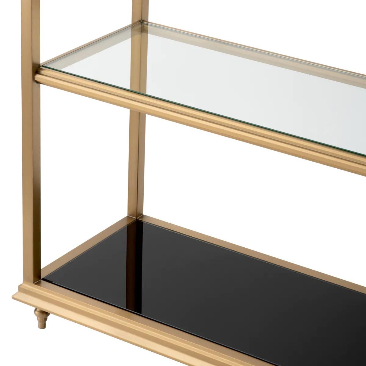 Européen Bibliothèque, étagère en laiton brossé et verre transparent, œuvre contemporaine. en vente