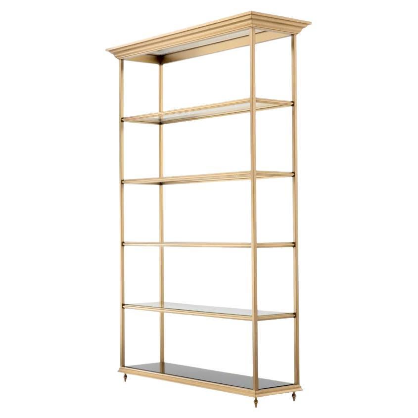 Bookcase, Shelf in Brushed Brass and Transparent Glass, Contemporary Work.