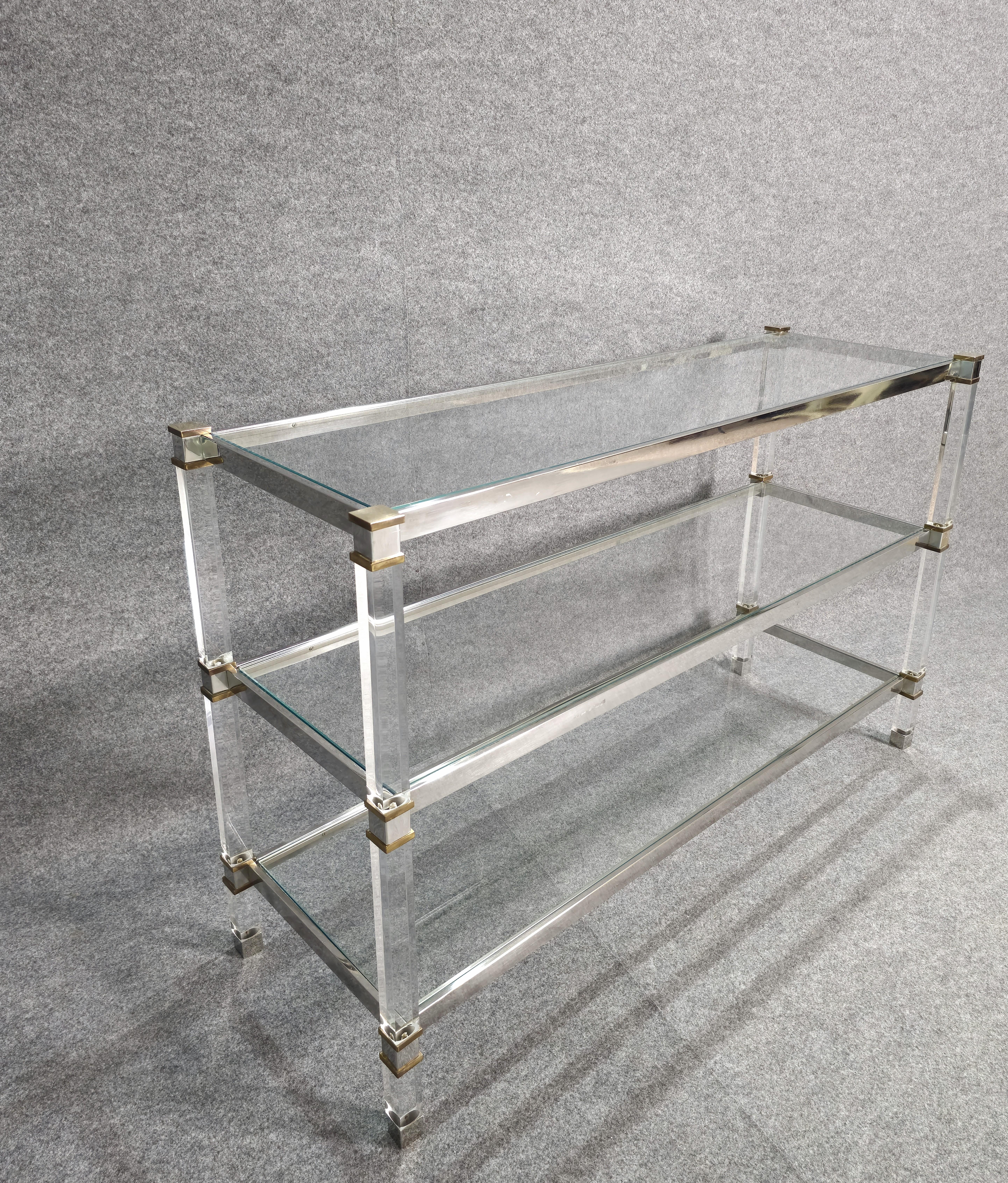 Bookcase Shelf in Plexiglass, Steel and Brass Midcentury Design Italia 1970s For Sale 7