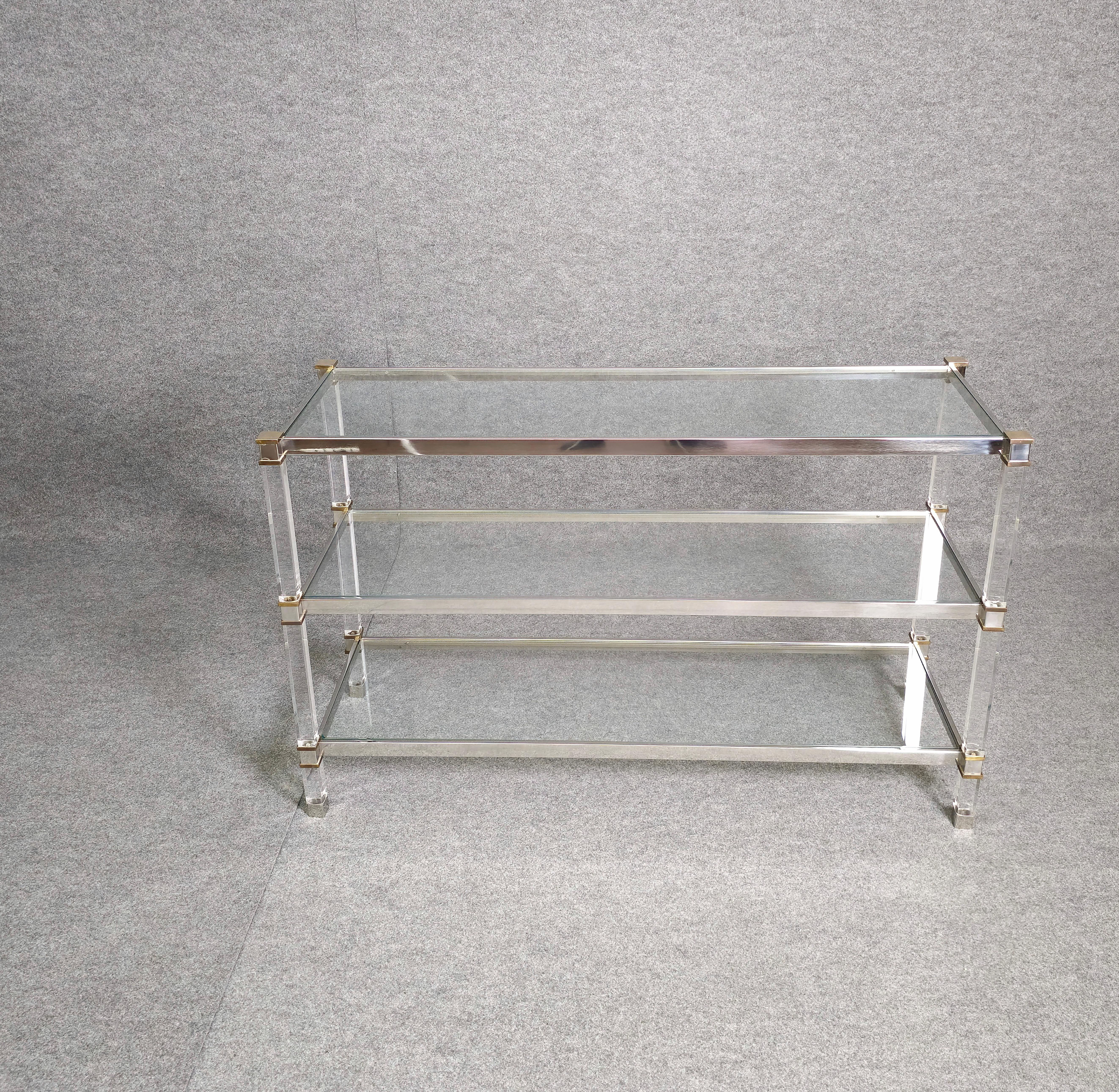 Bookcase Shelf in Plexiglass, Steel and Brass Midcentury Design Italia 1970s For Sale 12