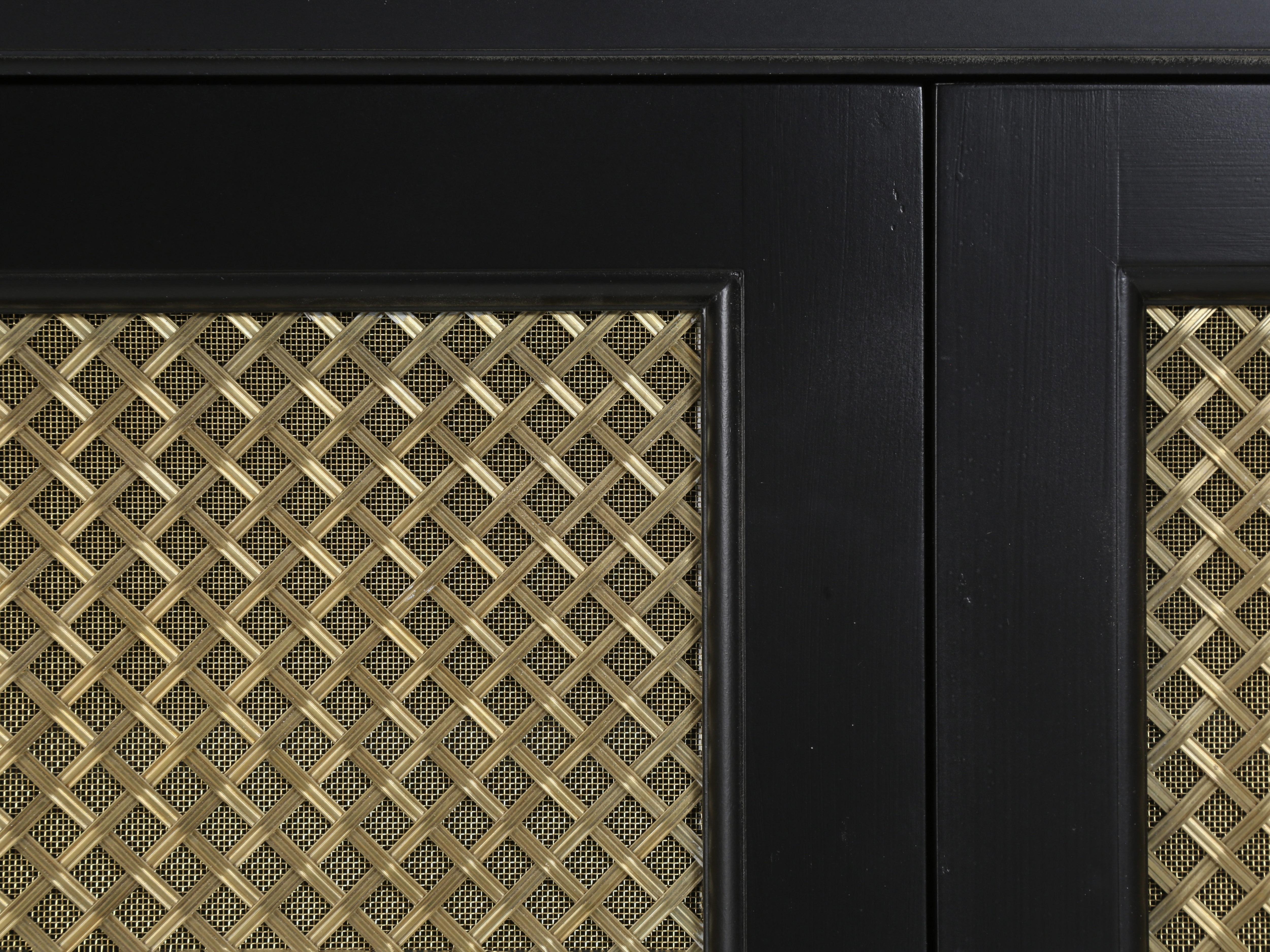Bookcase with a Large TV Center Section in Black with Woven Brass Panels For Sale 4