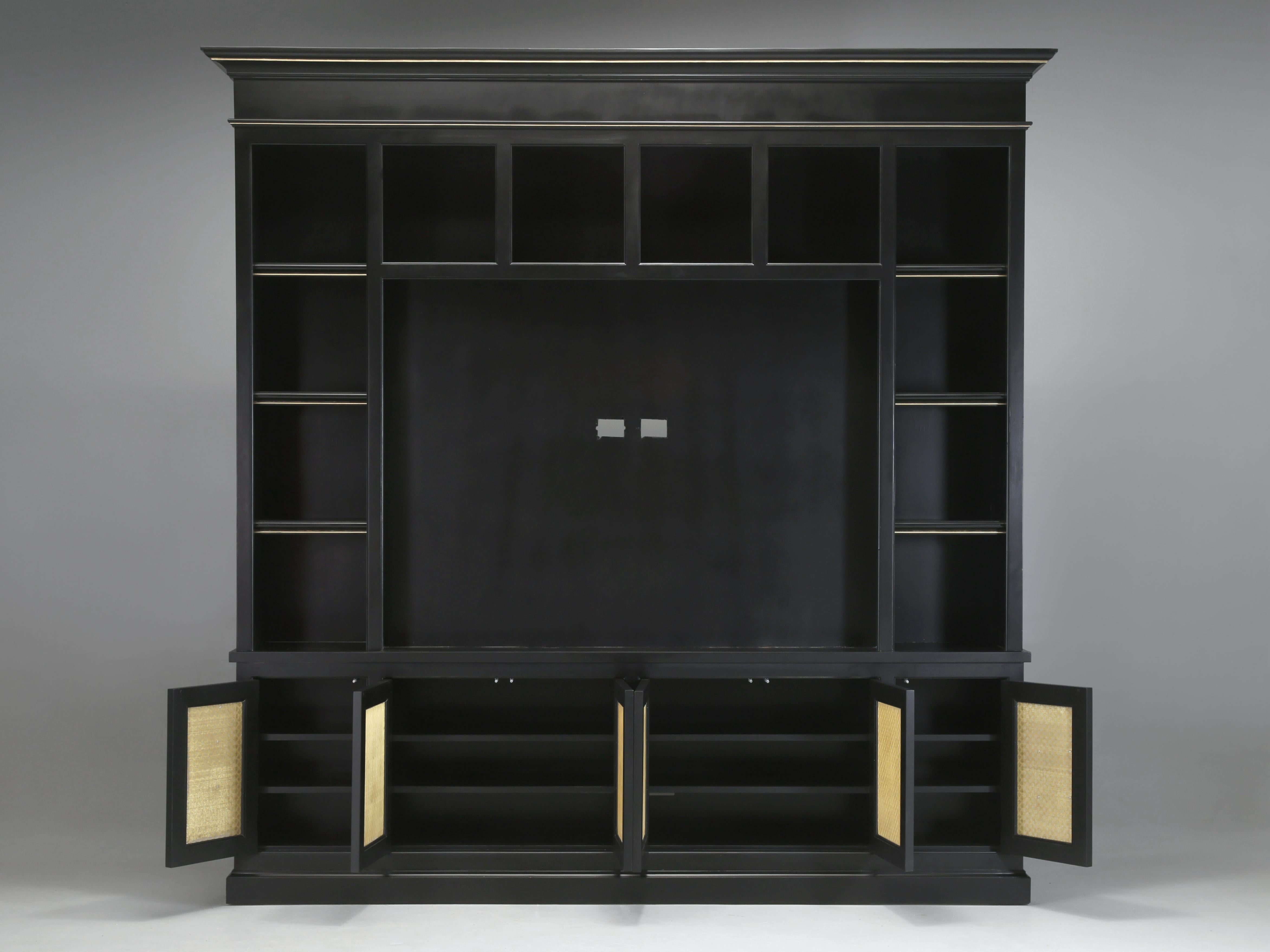 Bookcase with a Large TV Center Section in Black with Woven Brass Panels For Sale 6