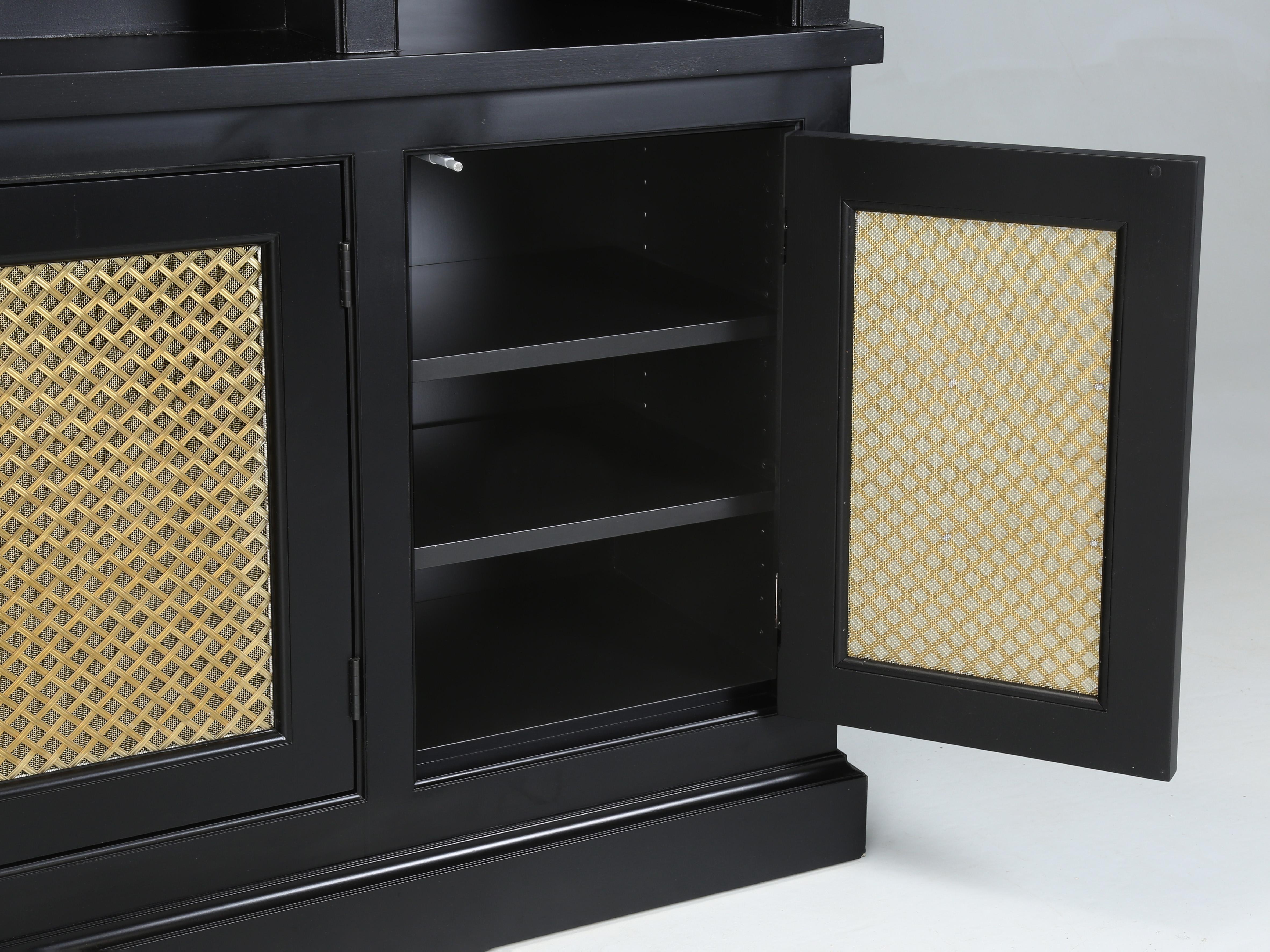 Bookcase with a Large TV Center Section in Black with Woven Brass Panels For Sale 7