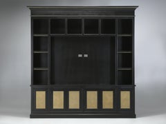 Bookcase with a Large TV Center Section in Black with Woven Brass Panels