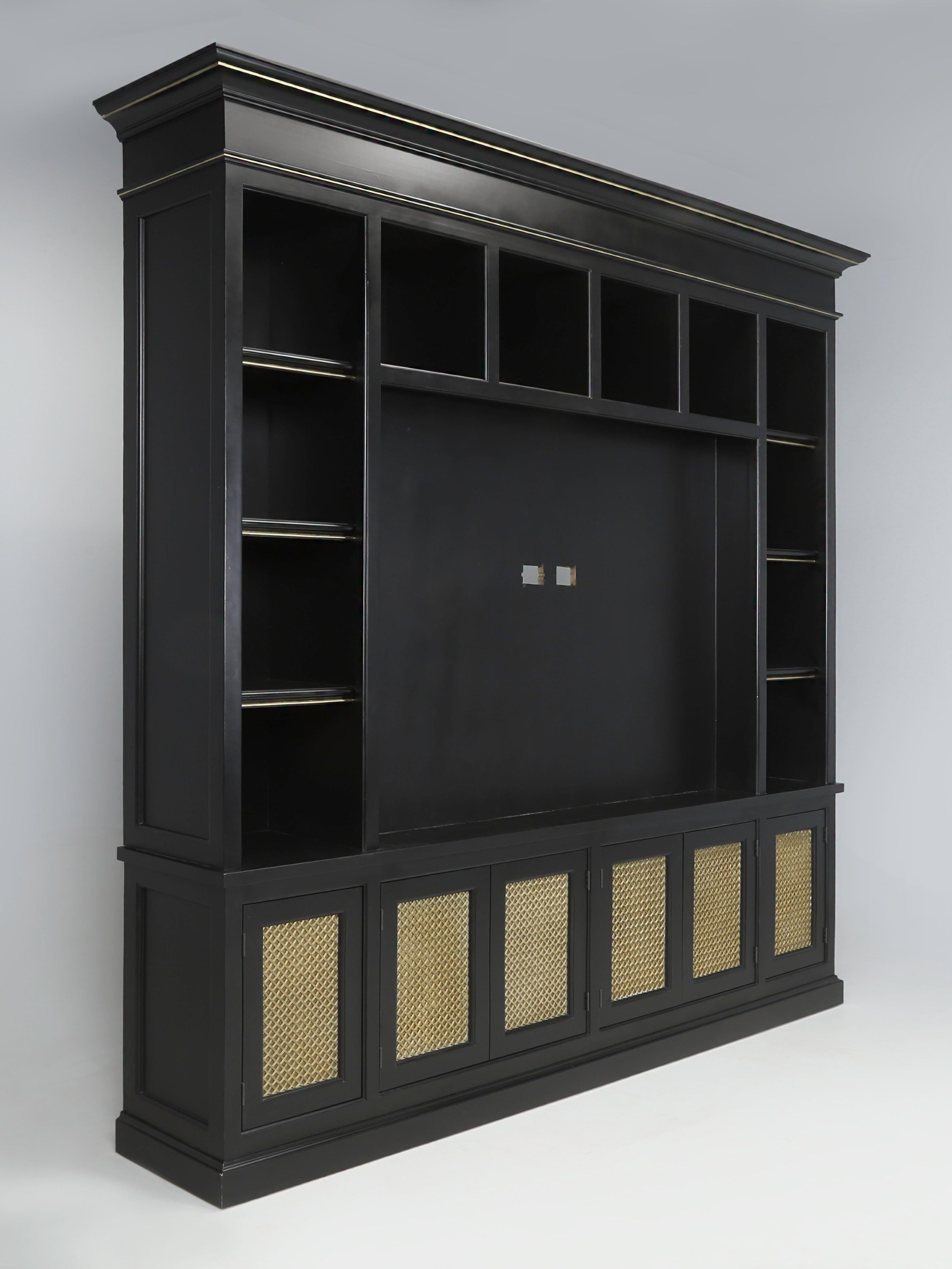 American Bookcase with a Large TV Center Section in Black with Woven Brass Panels For Sale
