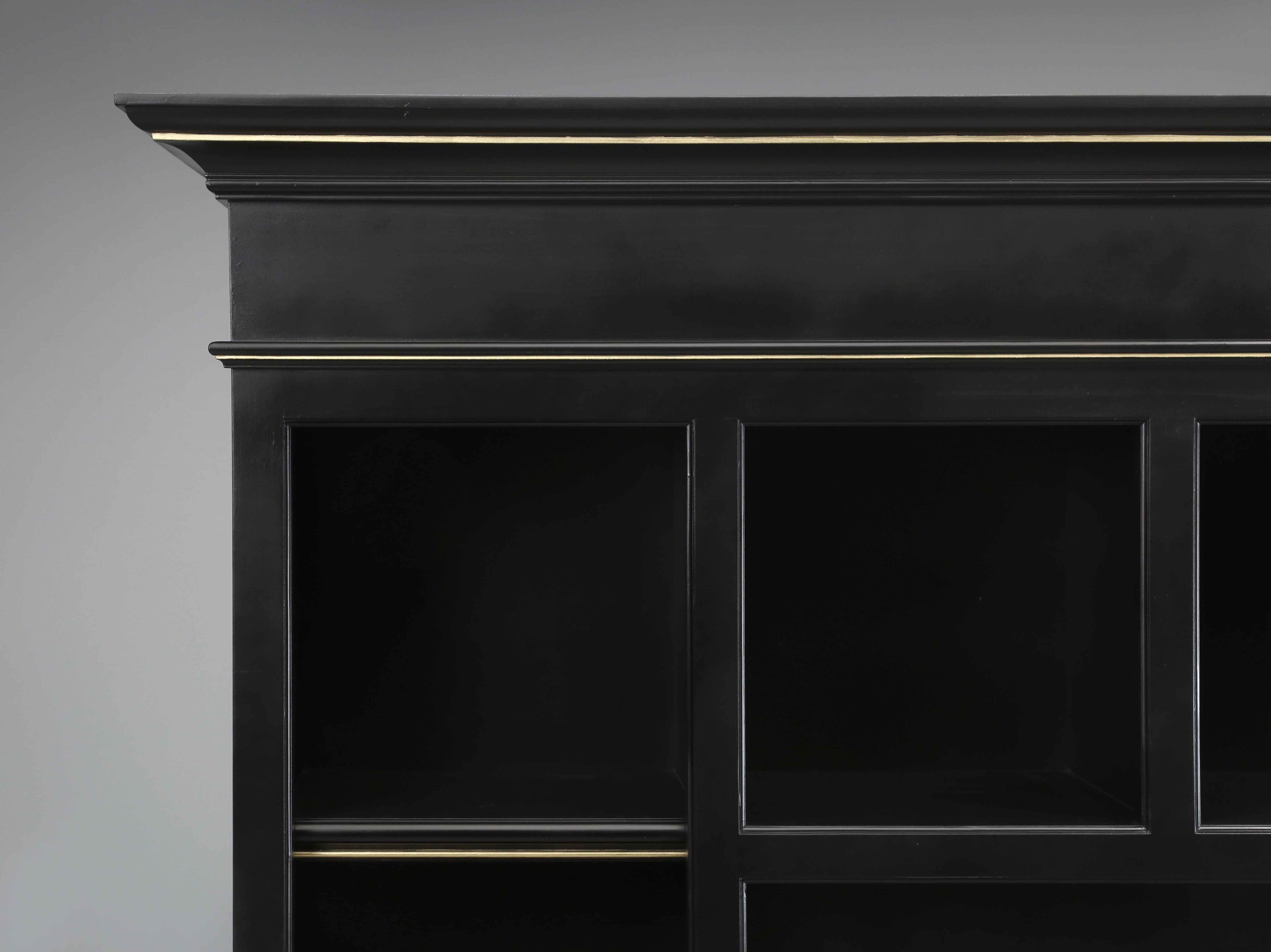 Hand-Crafted Bookcase with a Large TV Center Section in Black with Woven Brass Panels For Sale