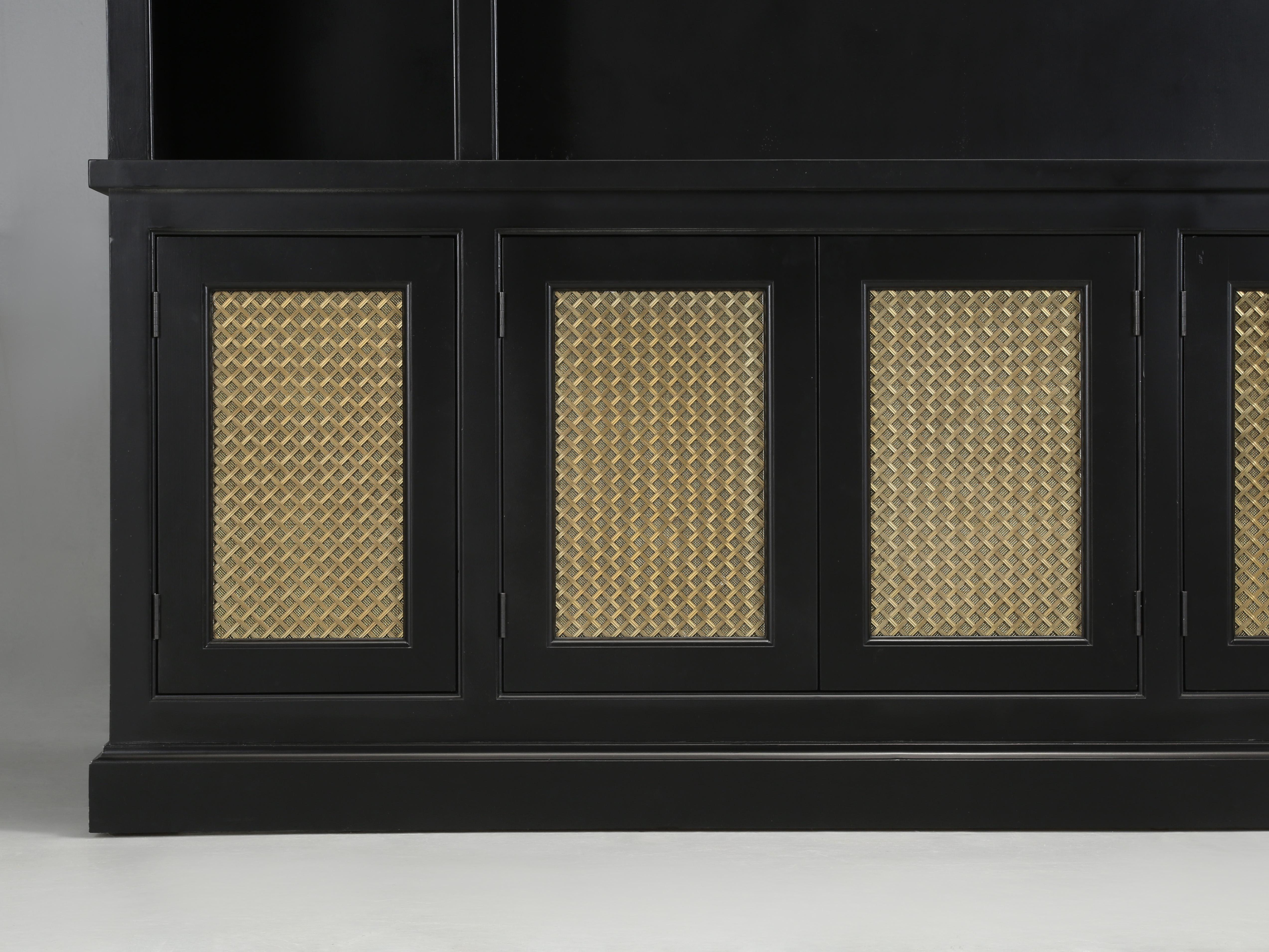 Bookcase with a Large TV Center Section in Black with Woven Brass Panels For Sale 2