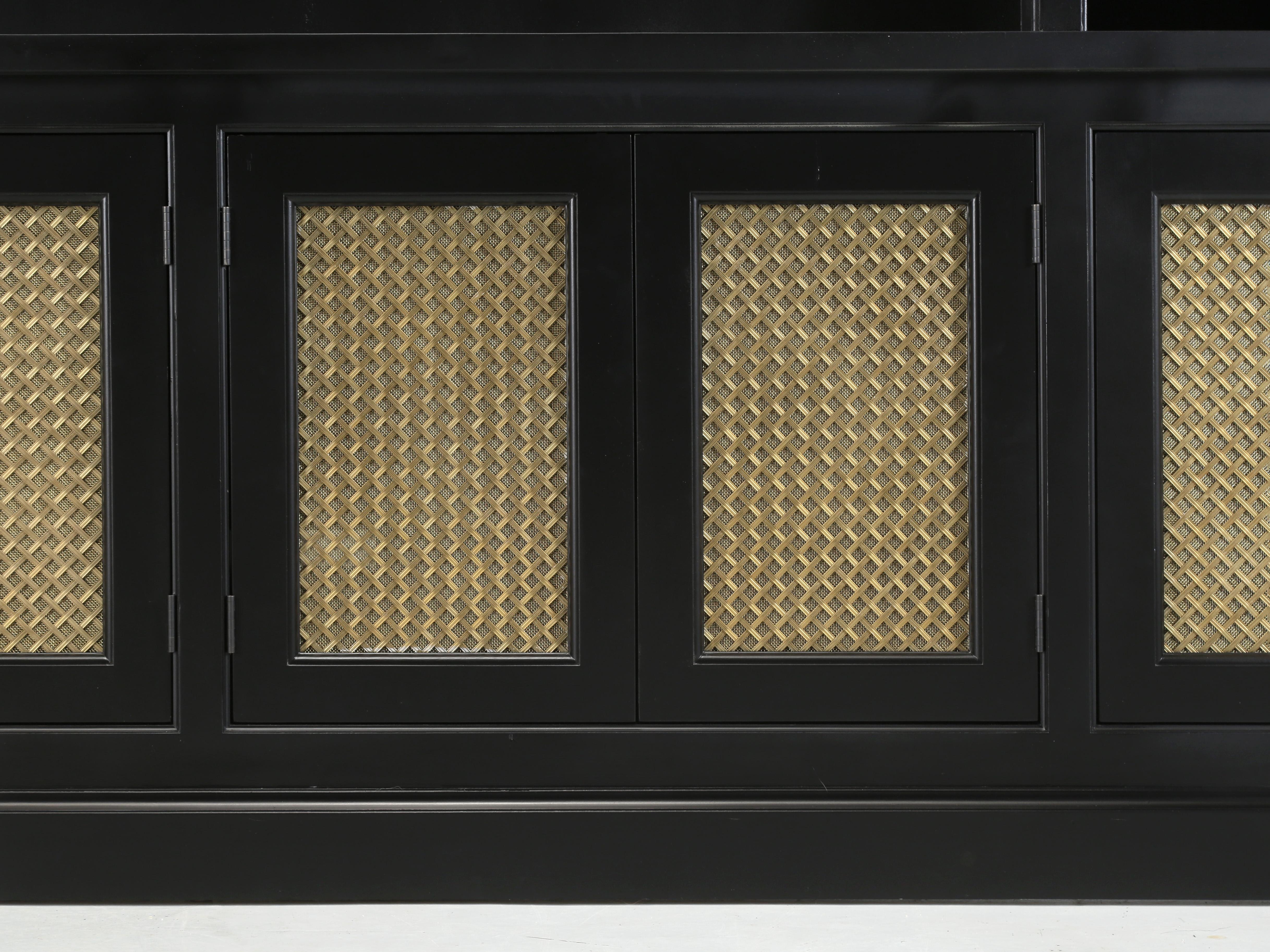 Bookcase with a Large TV Center Section in Black with Woven Brass Panels For Sale 3