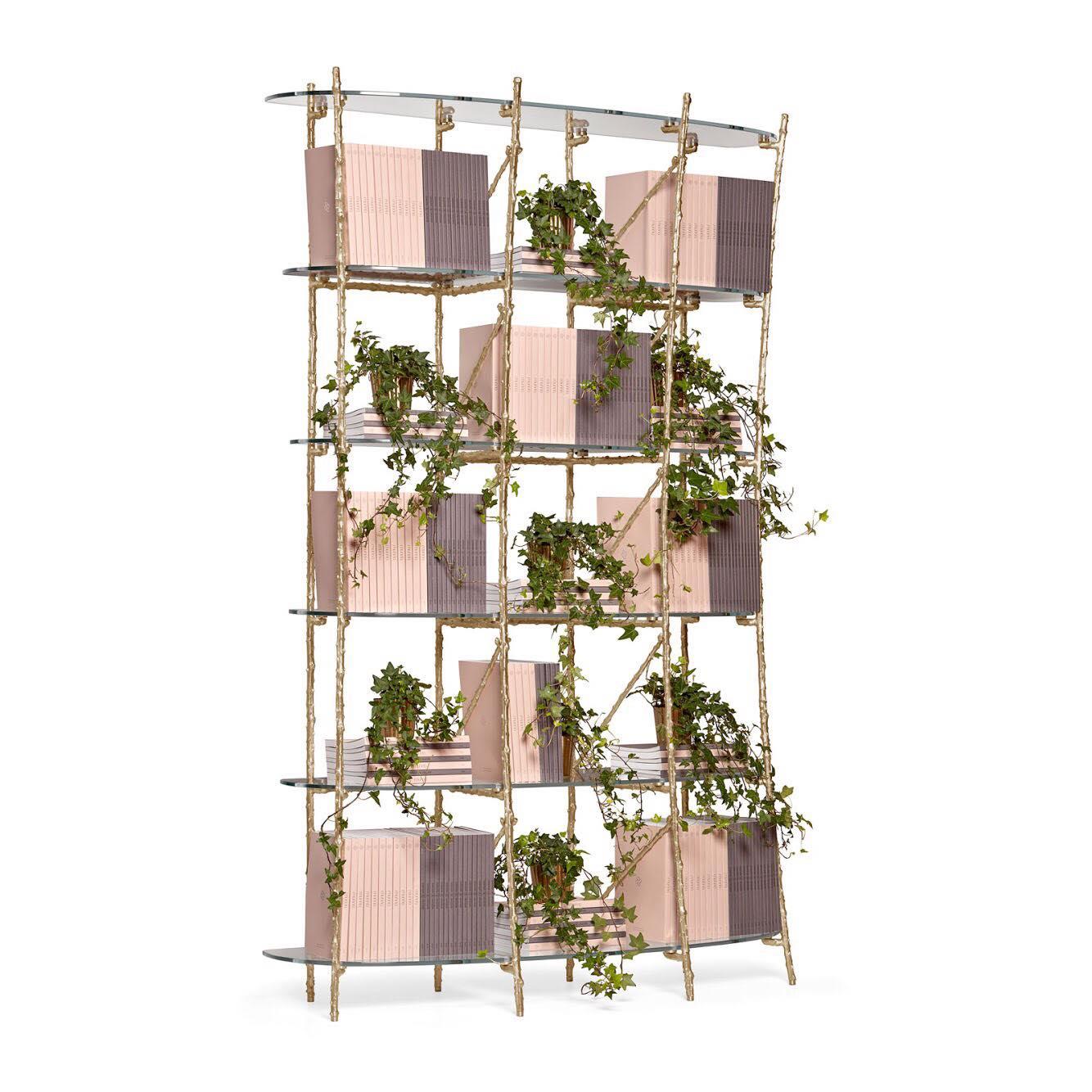 This bookcase stands as a graceful memento of branches springing from a quiet river bank. Designed to be filled with ideas, it’s structure is made of tree branches molded in cast brass, with glass shelves that give it a profound sense of