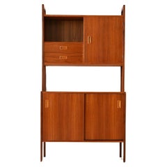 Bookcase with sliding doors in teak and birch wood