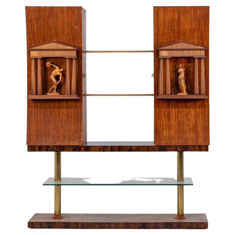 Bookcase with Statues by Barberis Felice in Wood and Crystal For Sale