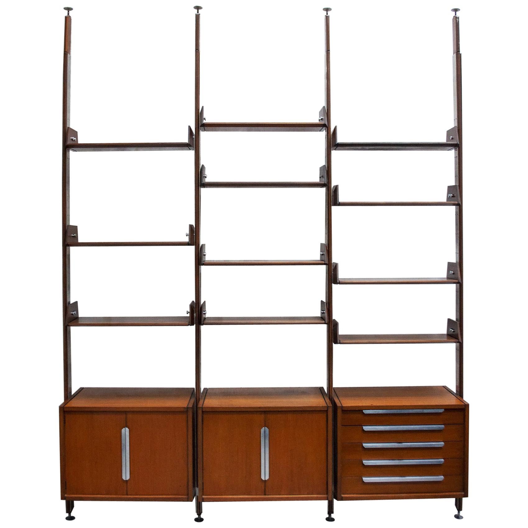 Bookcase with Wooden Structure with Aluminum Details, Italy, 1950s For Sale
