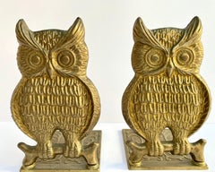 Bookend or Door Stopper Brass Vintage Owl Holding A Bone Set 2 Belgium 1960s