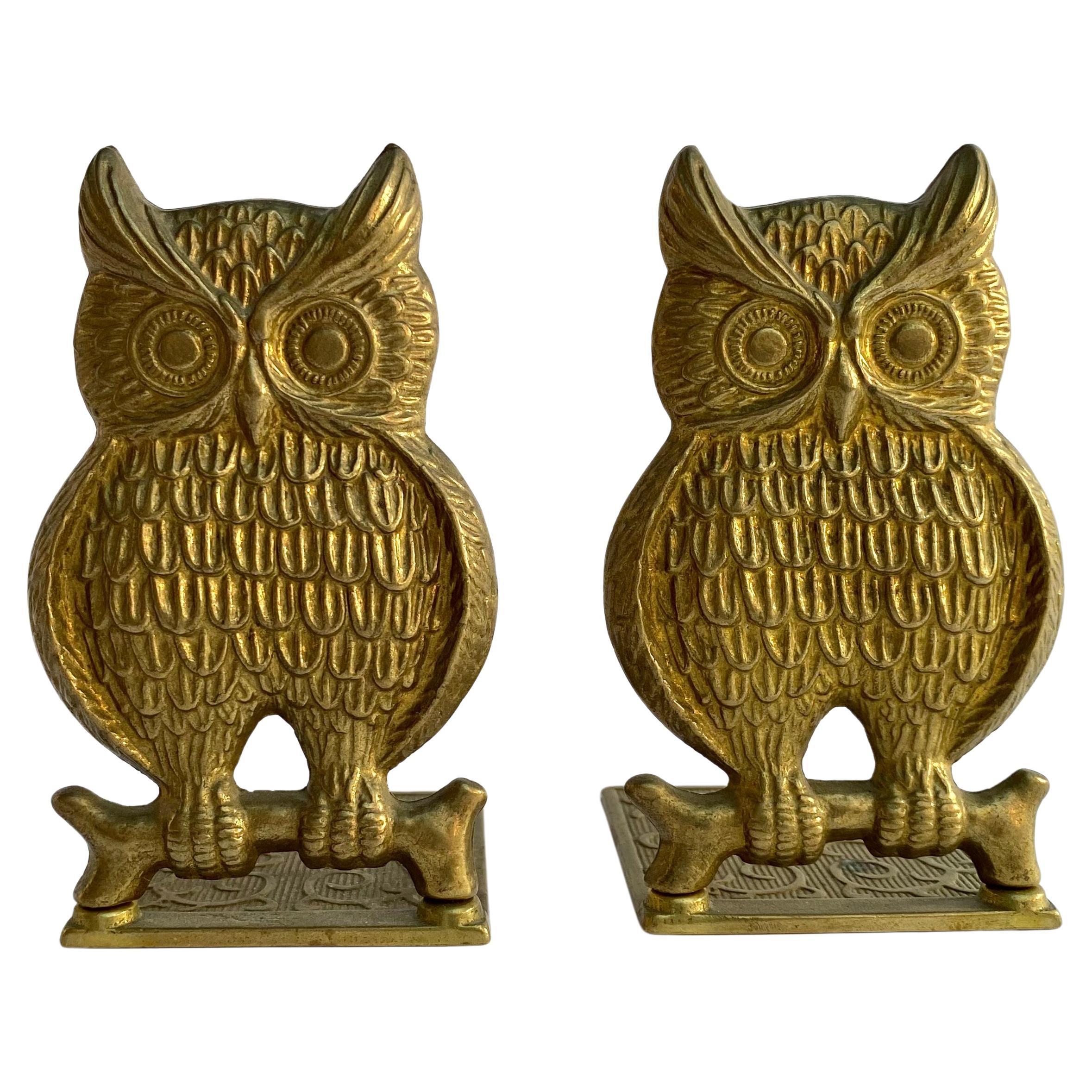 Bookend or Door Stopper Brass Vintage Owl Holding A Bone Set 2 Belgium 1960s