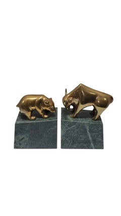 Bookends Bull and Bear Stockmarket Brass Statues on Marble