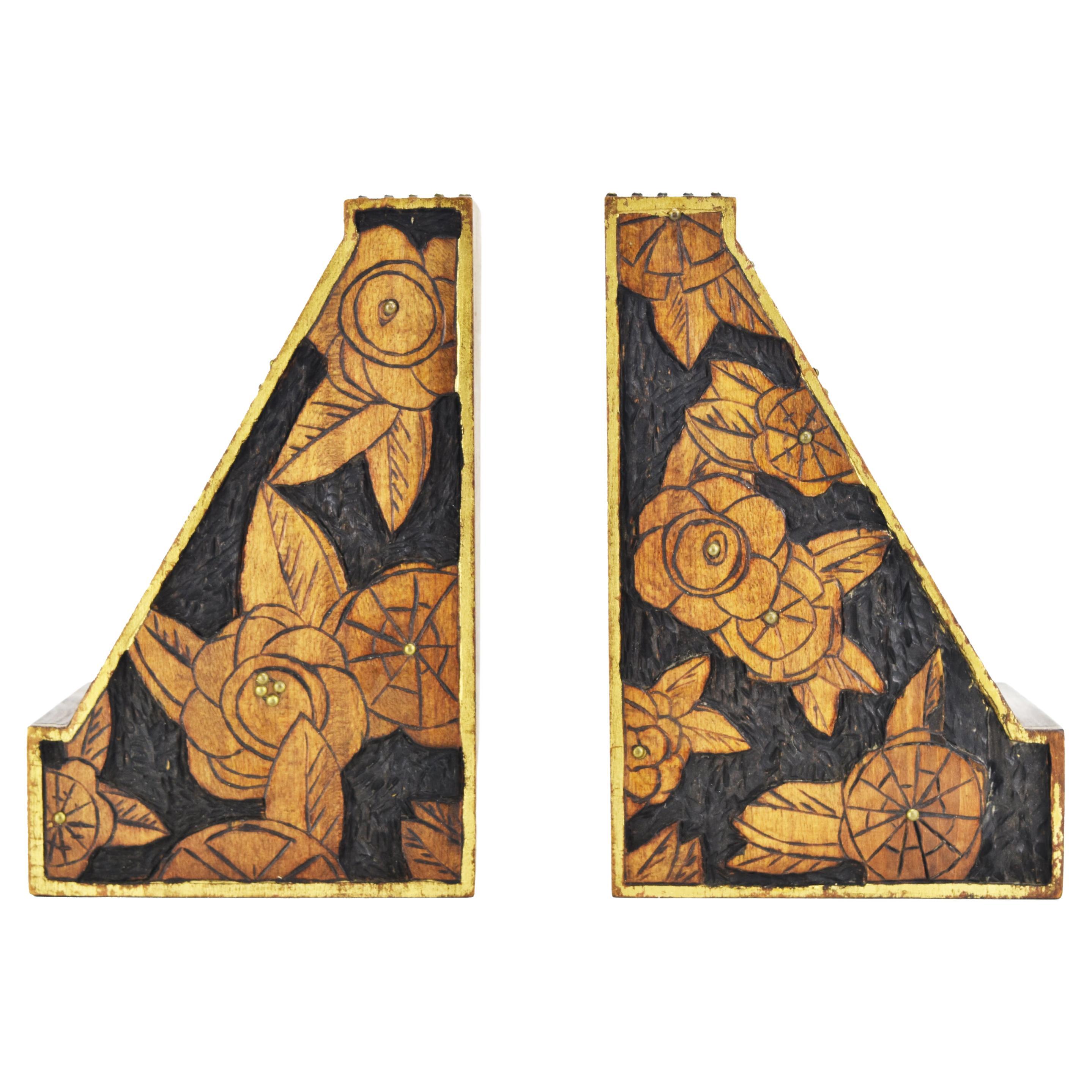 Bookends French Art Deco Carved Wood Floral Blossoms Antique Vintage at