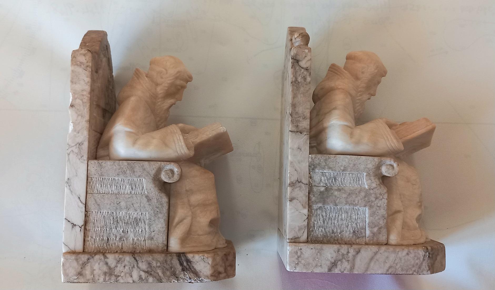  Bookends in Form of Renaissance Monk Library Natural Alabaster and Marble  For Sale 4