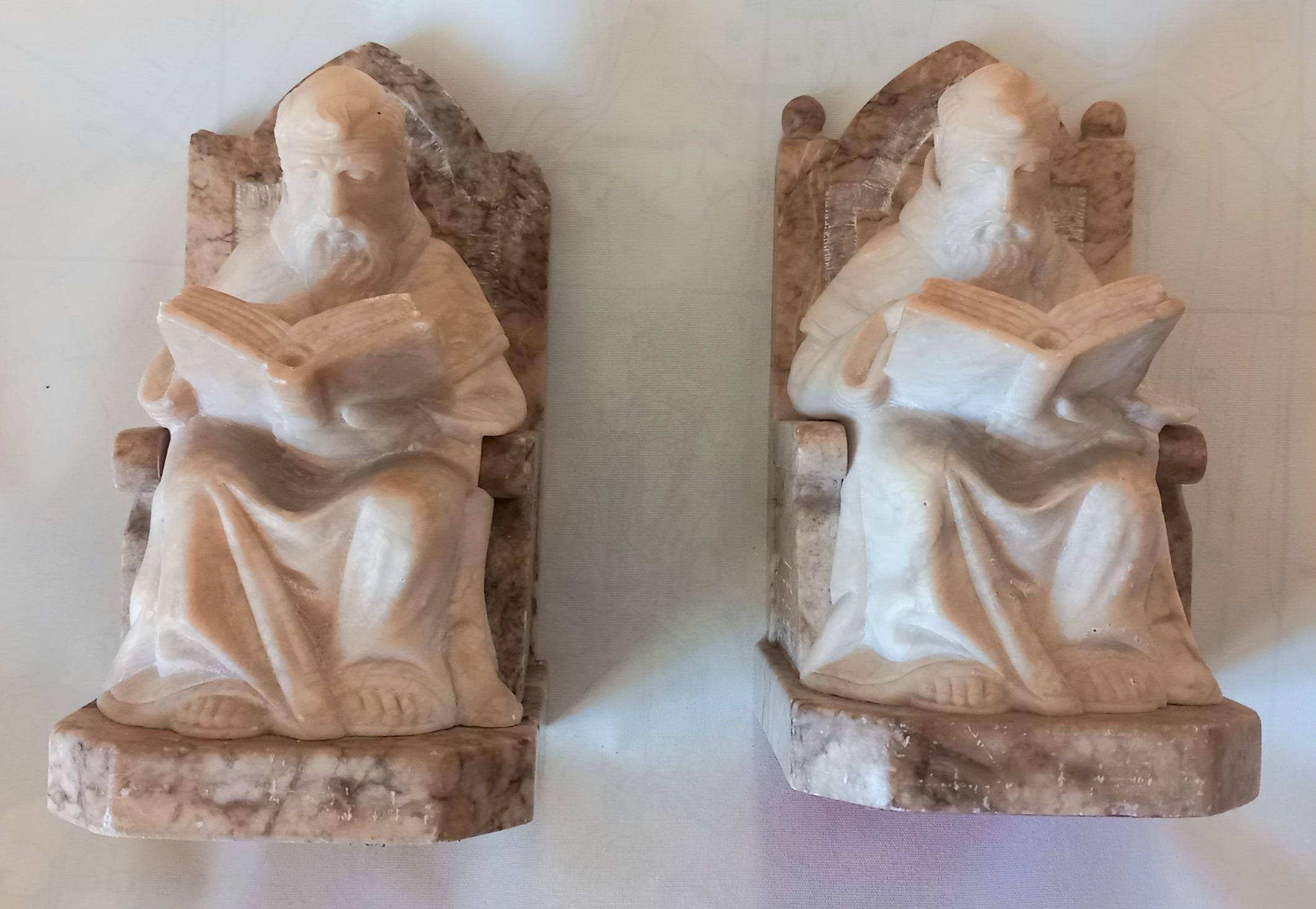  Bookends in Form of Renaissance Monk Library Natural Alabaster and Marble  For Sale 9