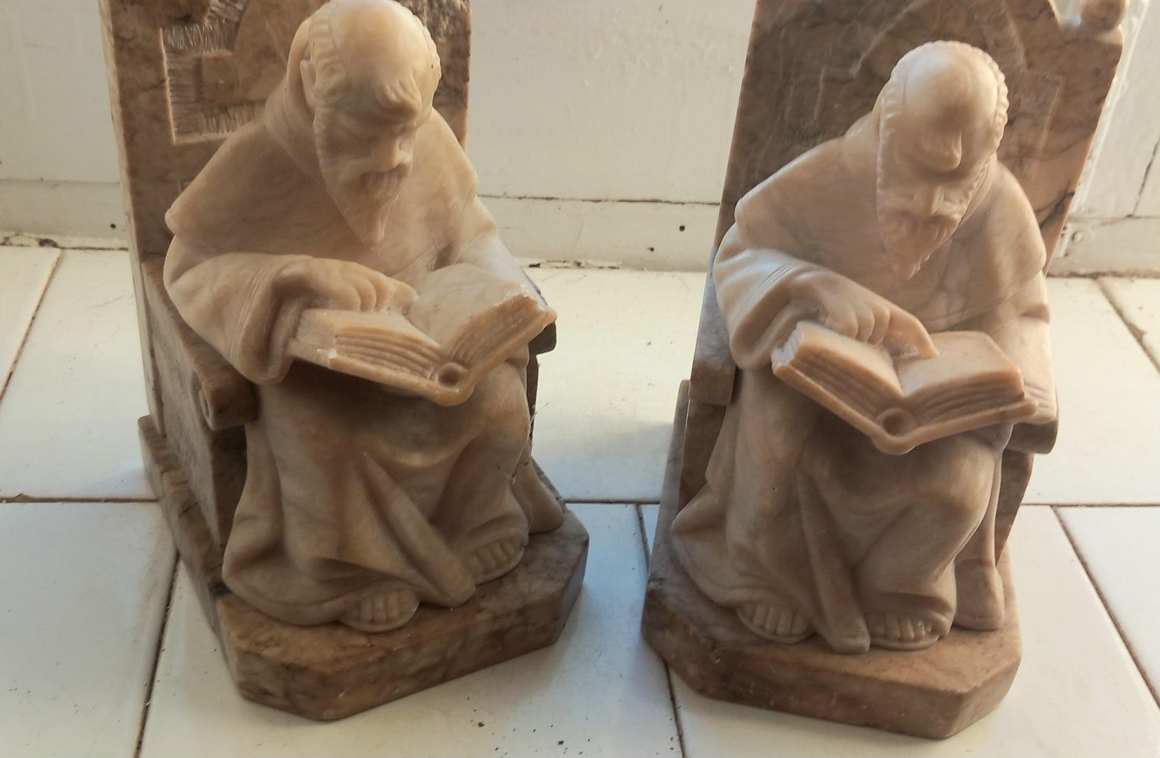  Bookends in Form of Renaissance Monk Library Natural Alabaster and Marble  For Sale 12