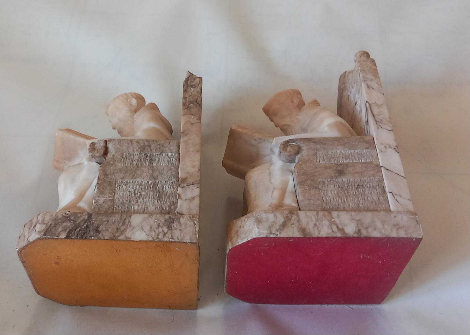 Italian Bookends in Form of Renaissance Monk Library Natural Alabaster and Marble
