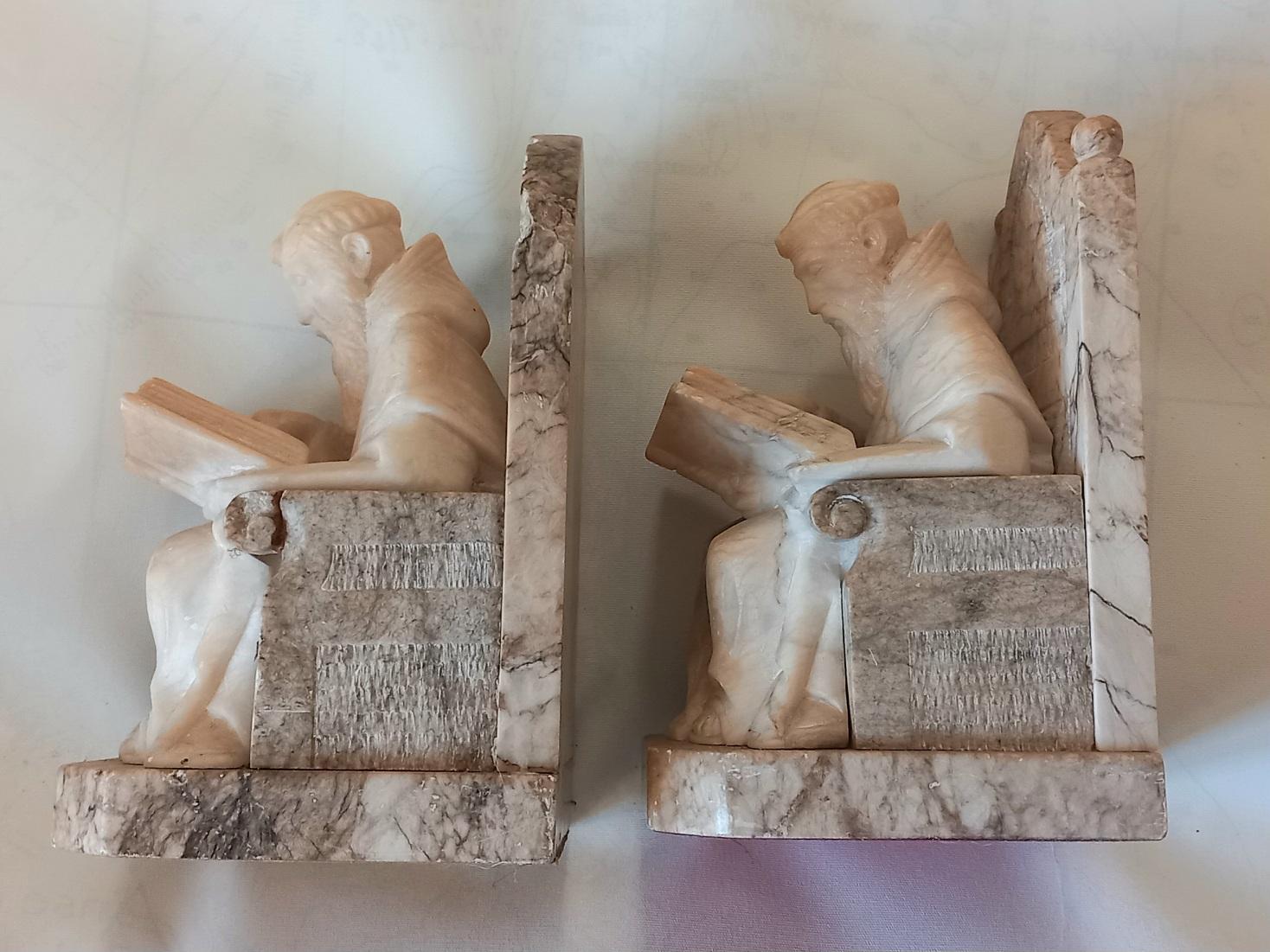 20th Century  Bookends in Form of Renaissance Monk Library Natural Alabaster and Marble  For Sale